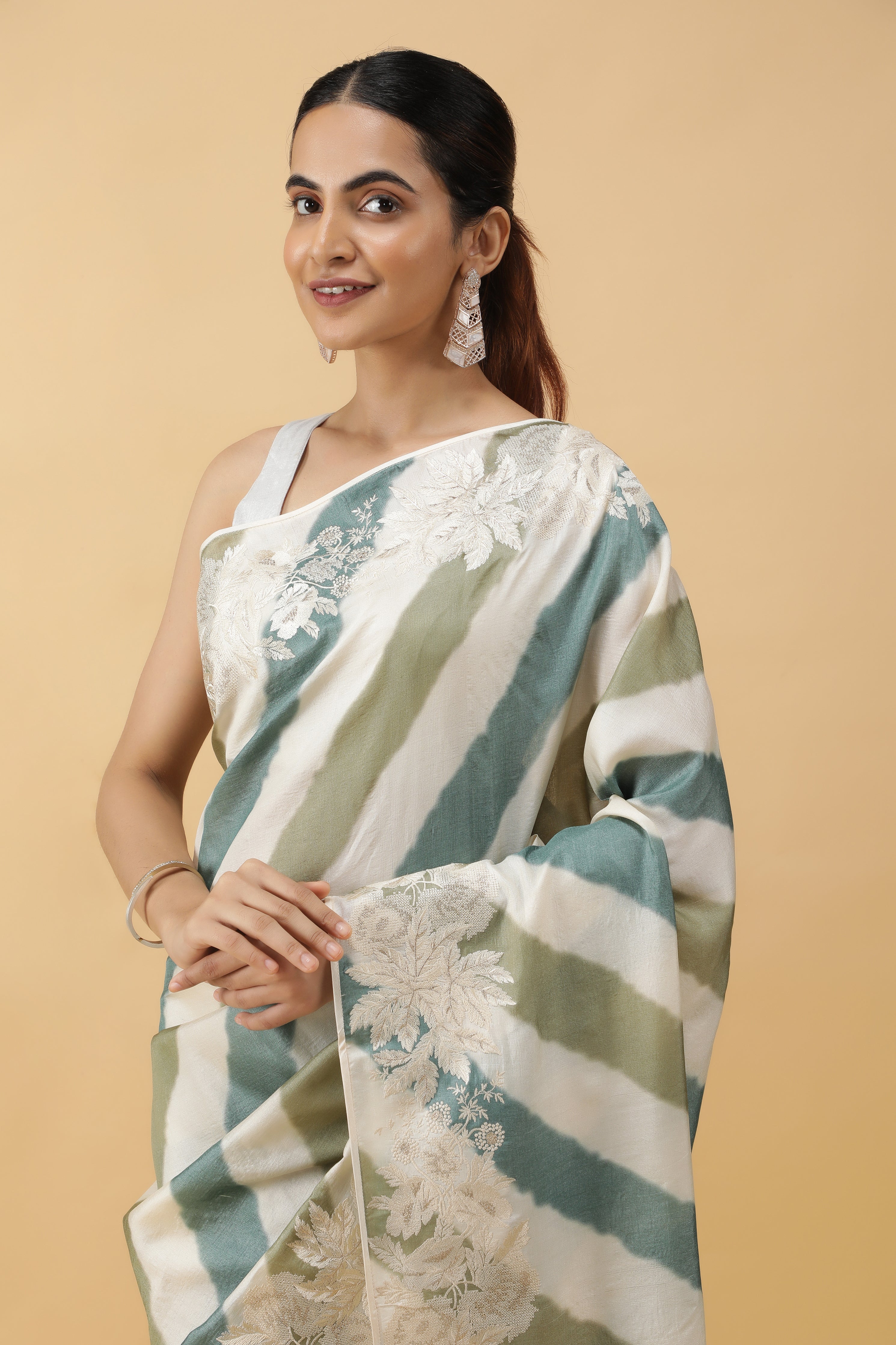 Multi-Color Tussar Silk Saree with Lyria Print & Zari Embroidery Border