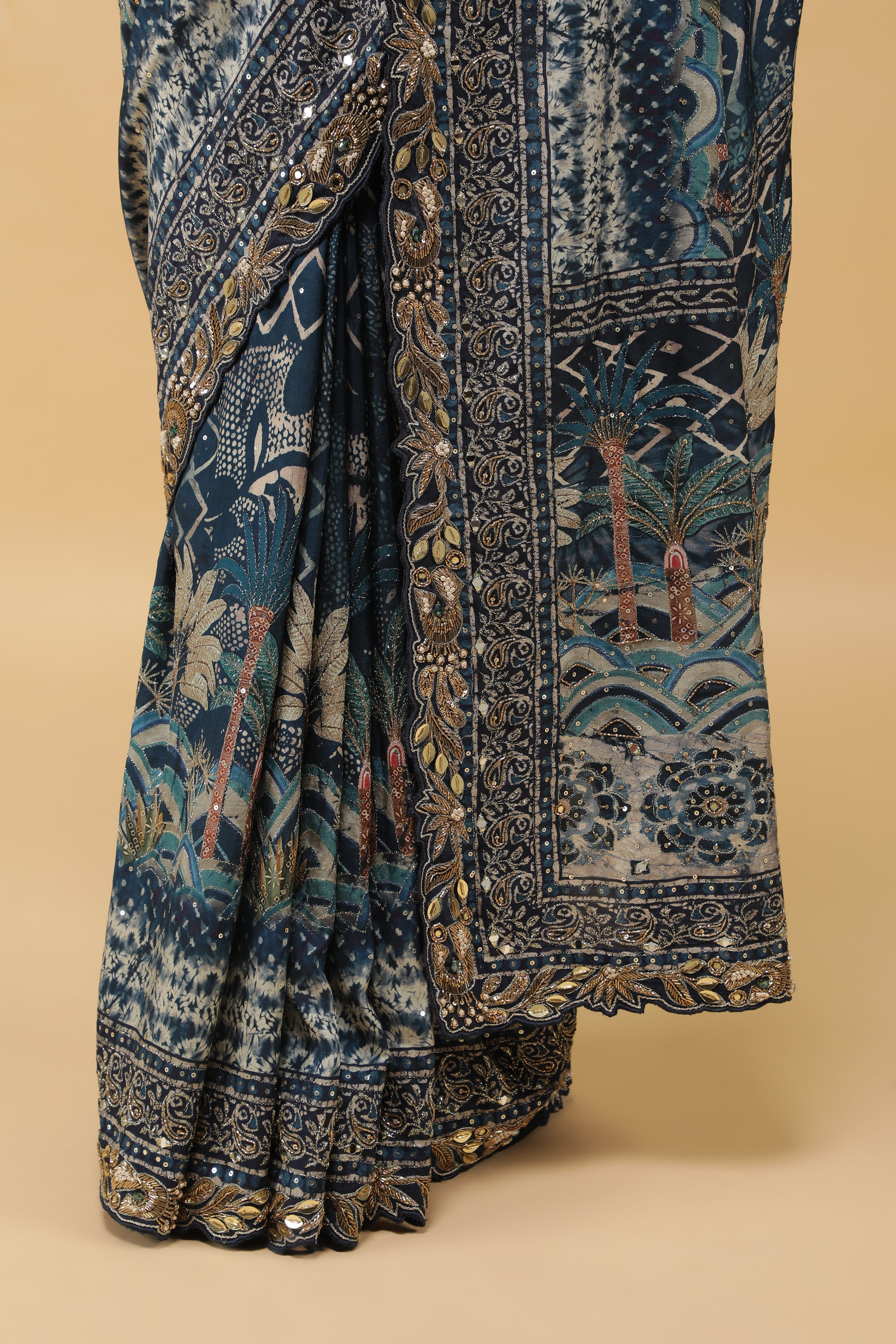 Steel Blue Crepe Silk Saree with Digital Print & Aari Embroidery