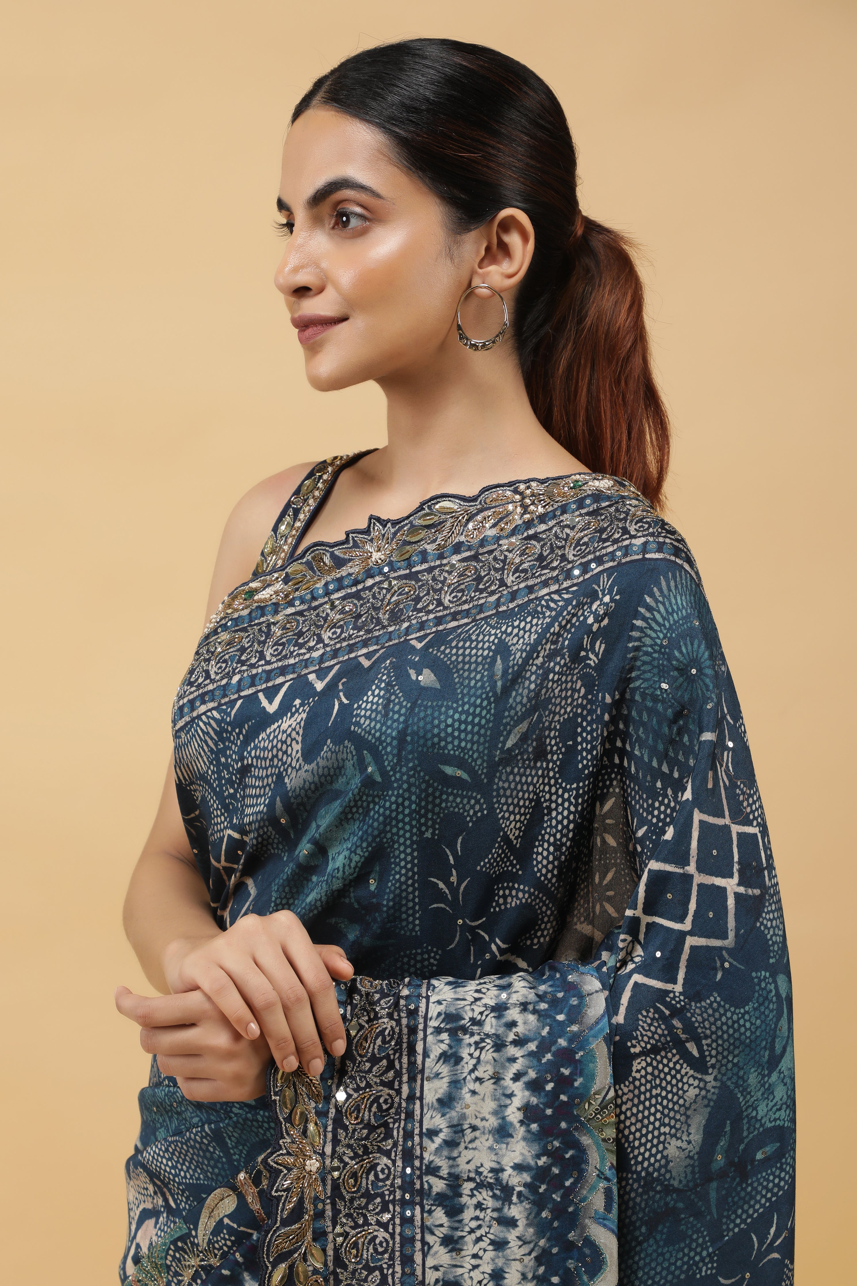 Steel Blue Crepe Silk Saree with Digital Print & Aari Embroidery