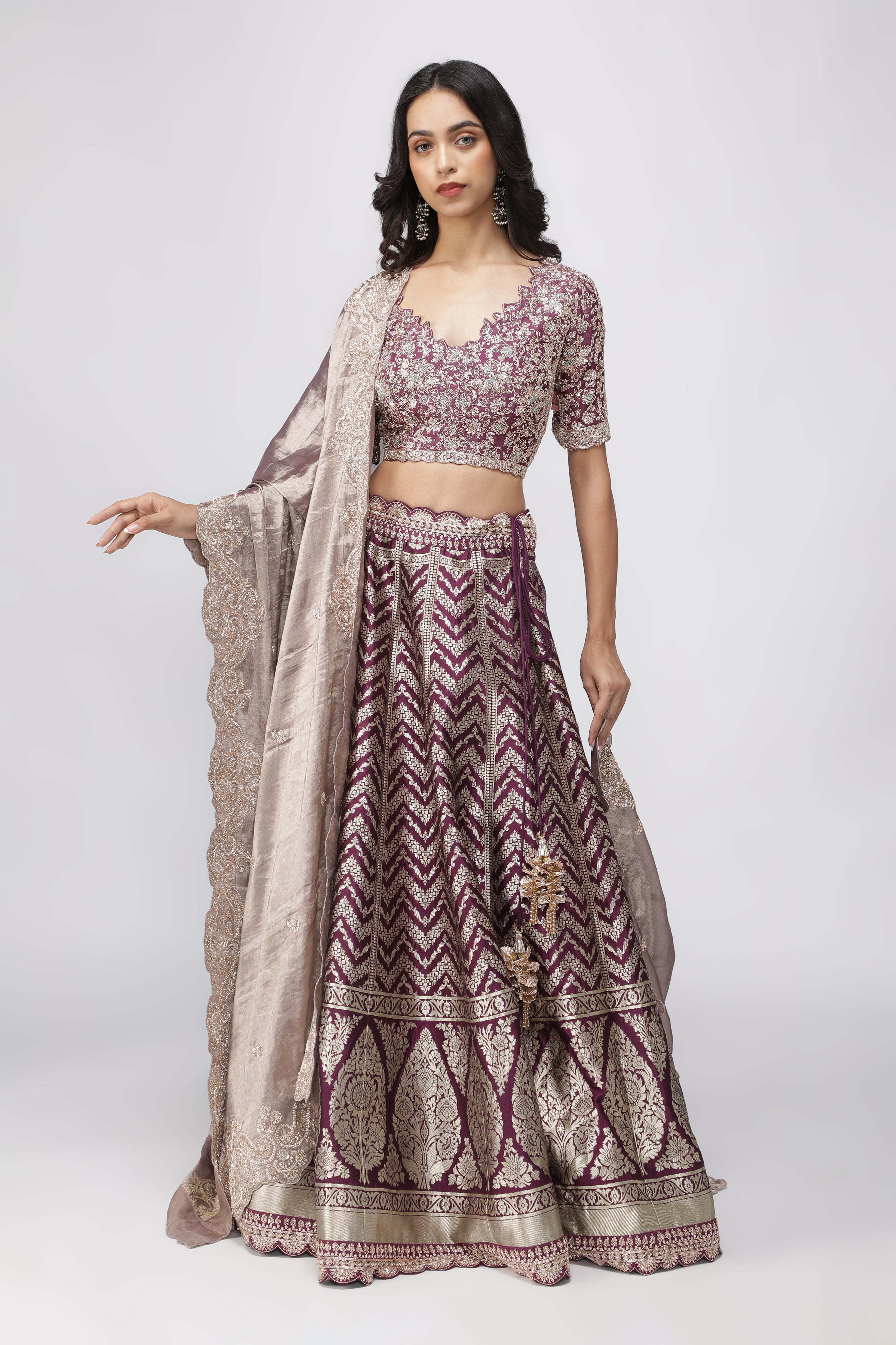 Violet Benarasi Silk Lehenga with Zardozi & French Knot Embroidery