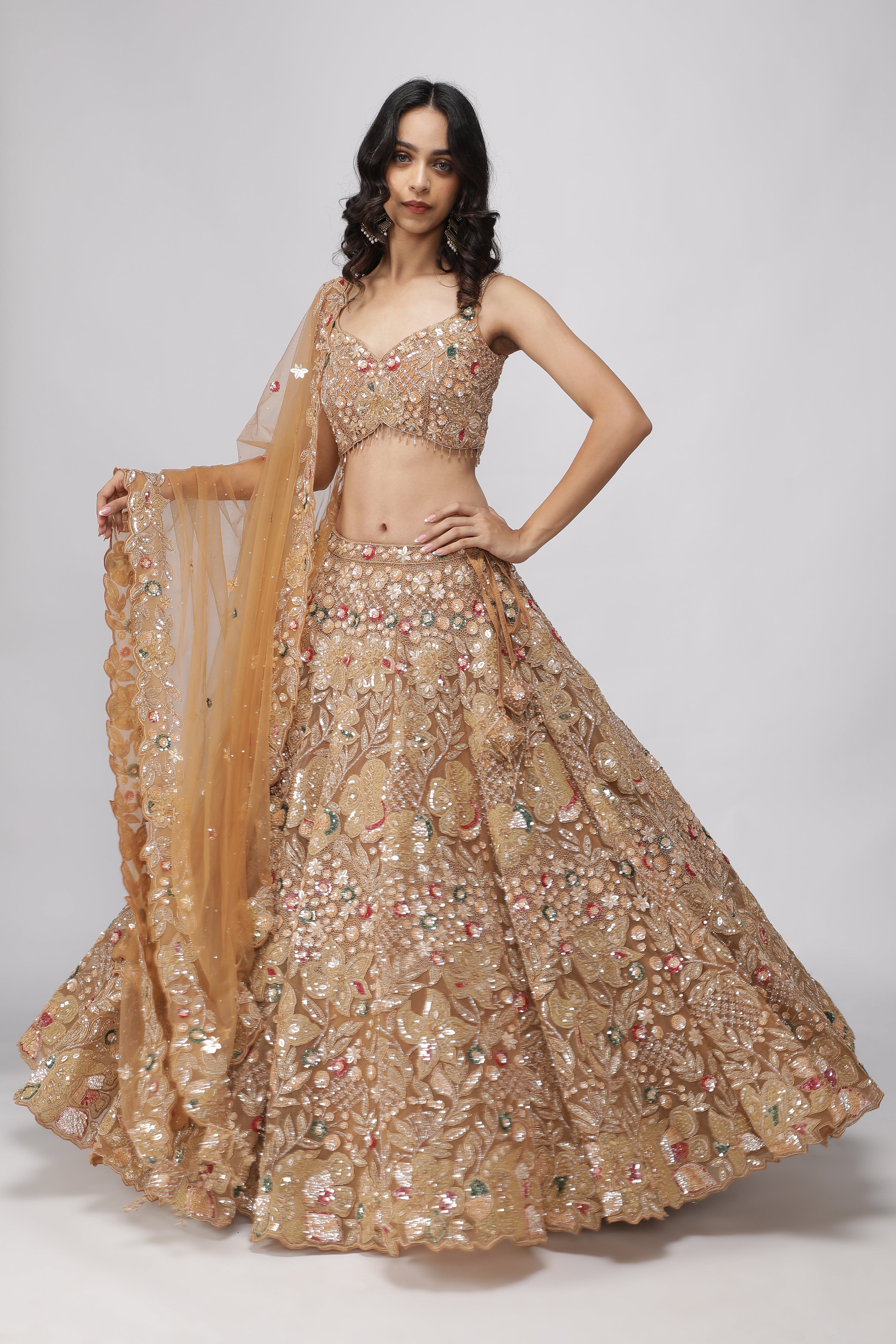 Golden Beige Net Lehenga Set