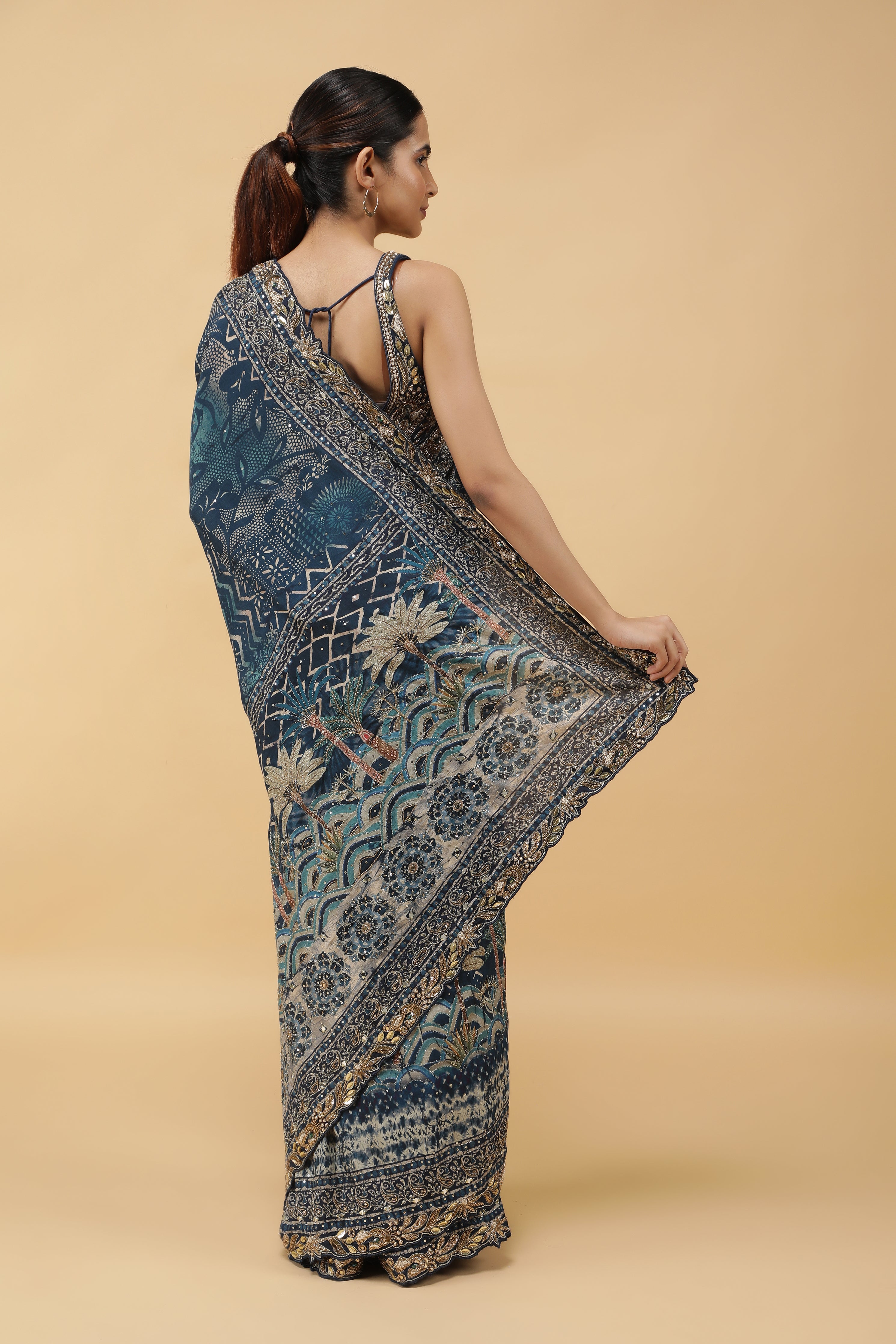 Steel Blue Crepe Silk Saree with Digital Print & Aari Embroidery