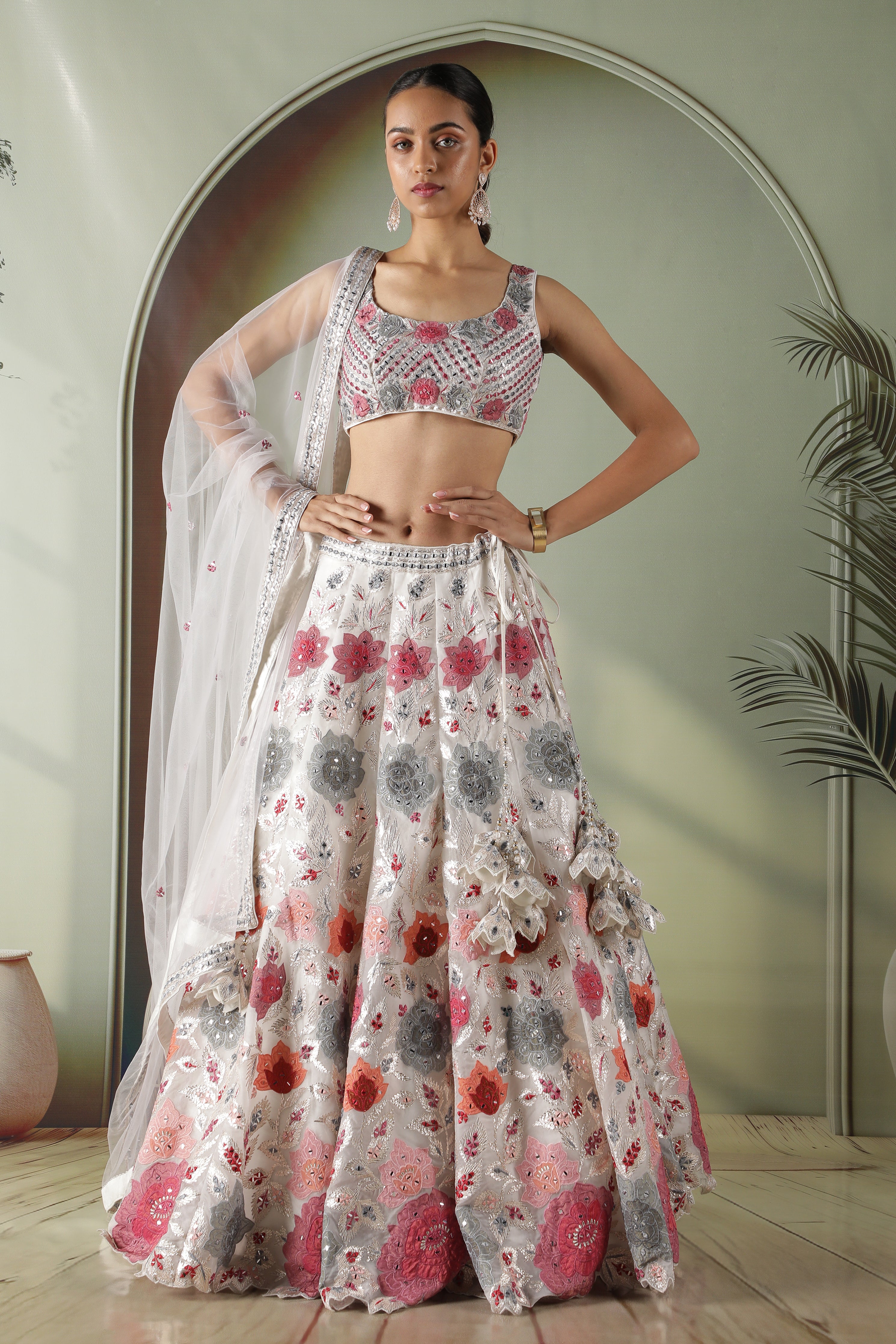 Ivory Organza Multicolor Appliqué Embroidered Lehenga Set