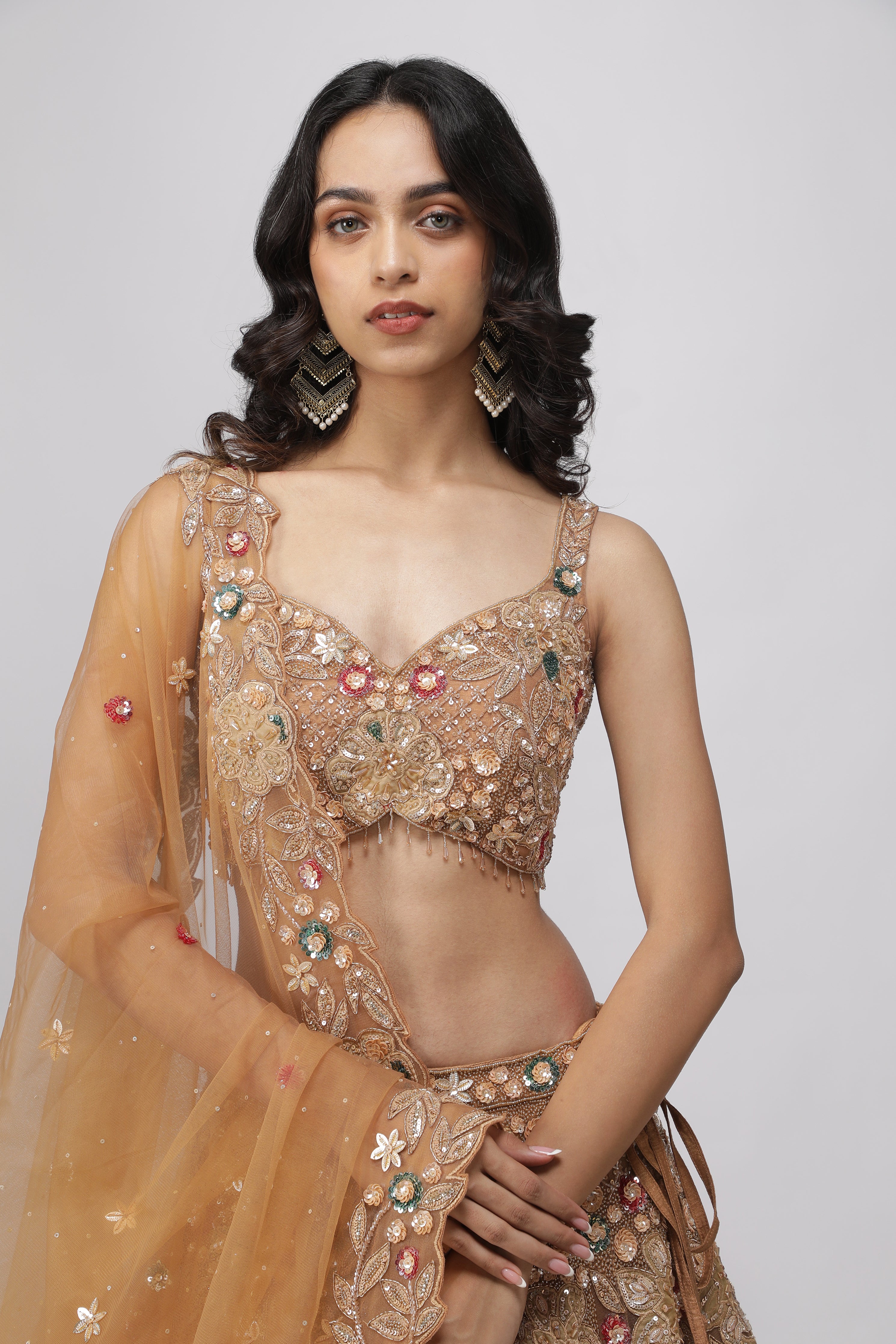 Golden Beige Net Lehenga Set