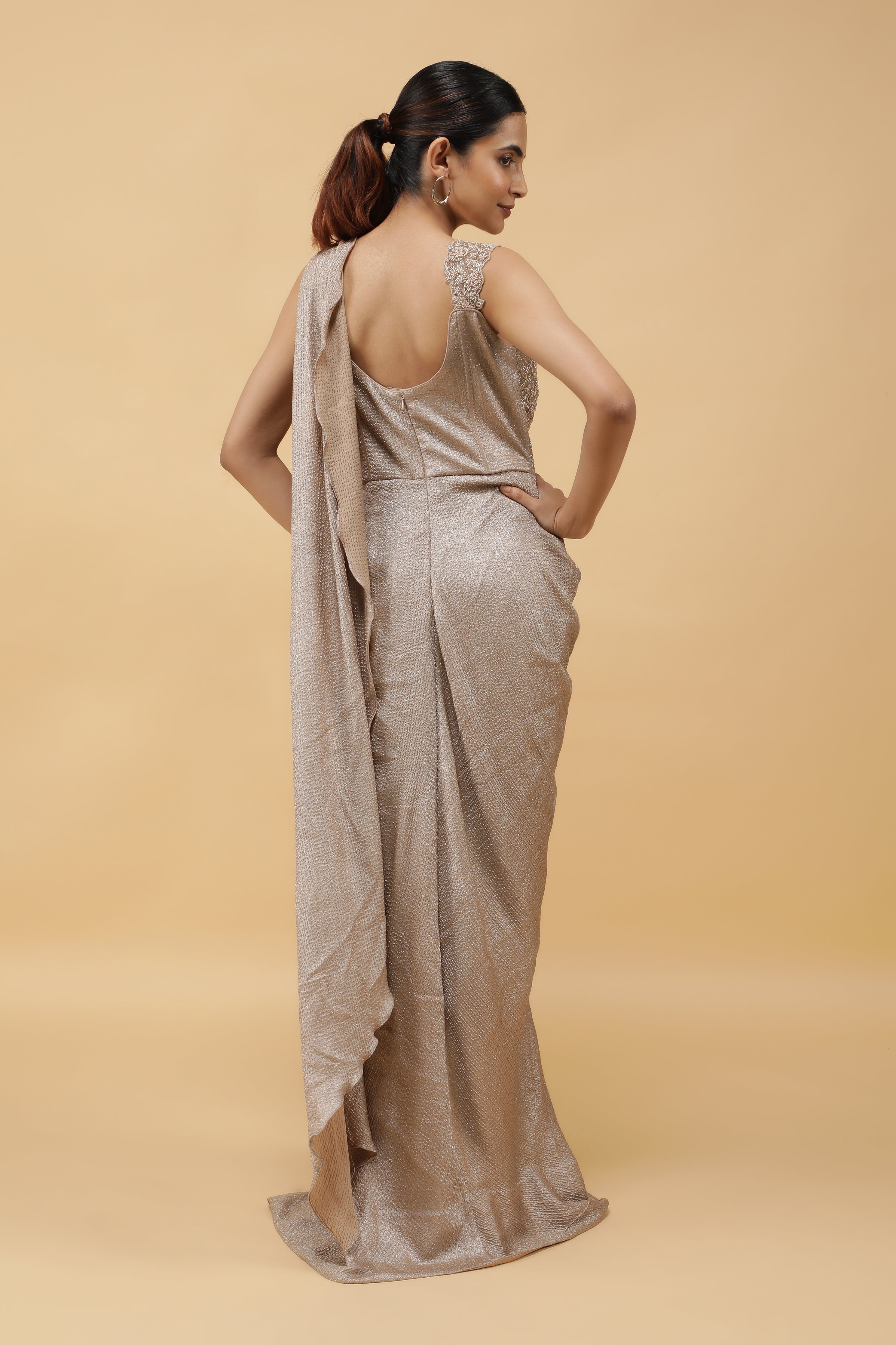 Champagne Radiance Kutdana Embroidered Crushed Draped Gown