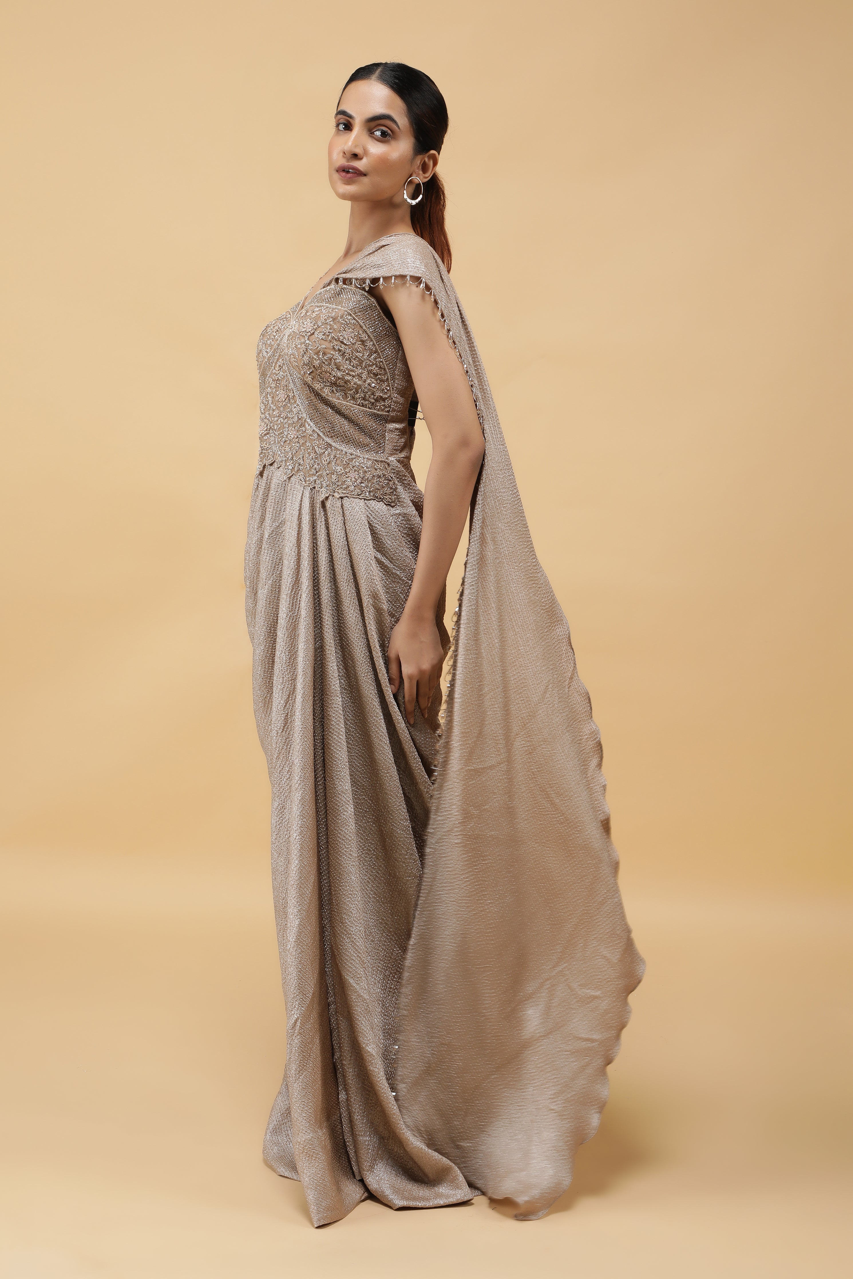 Champagne Radiance Kutdana Embroidered Crushed Draped Gown