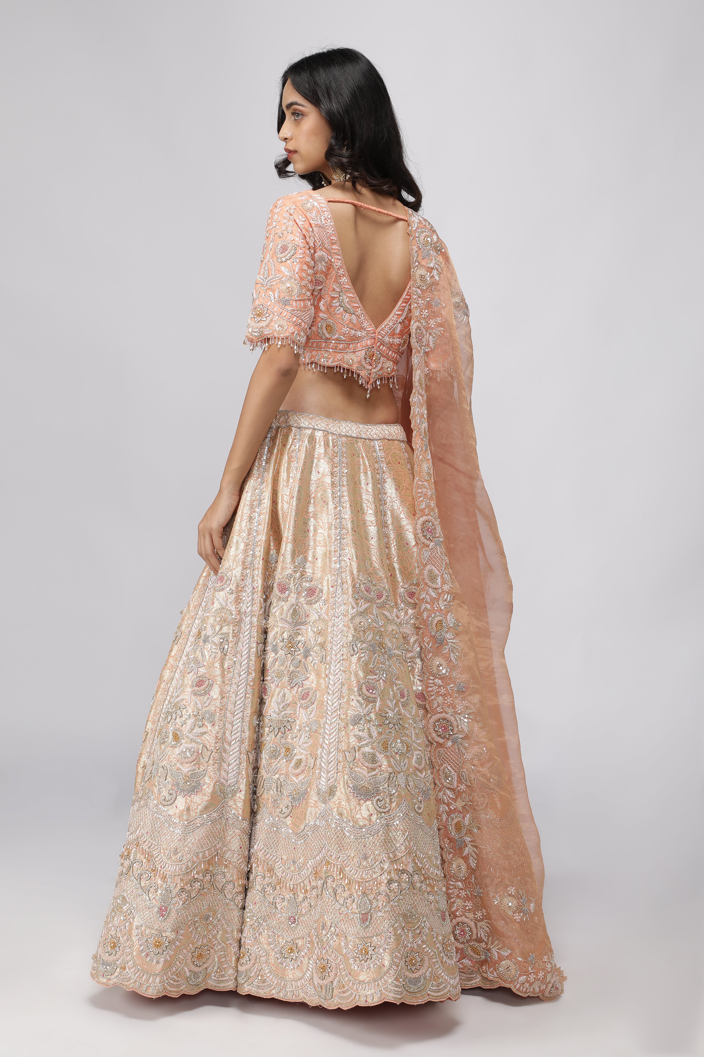 Peach Banarasi Silk Lehenga Set