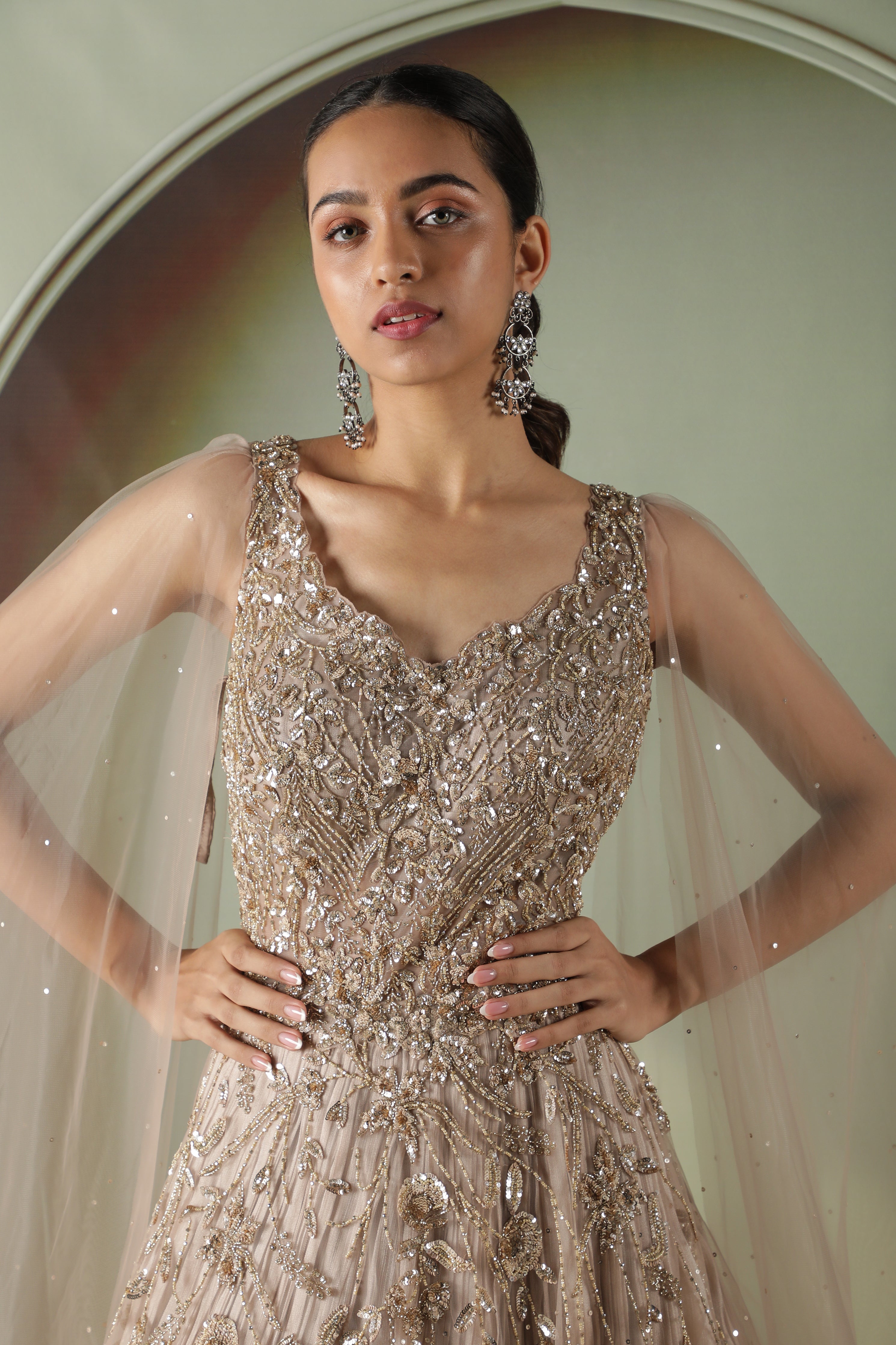 Dark Gold Embroidered Gown with Tissue Lining and Cape Sleeves