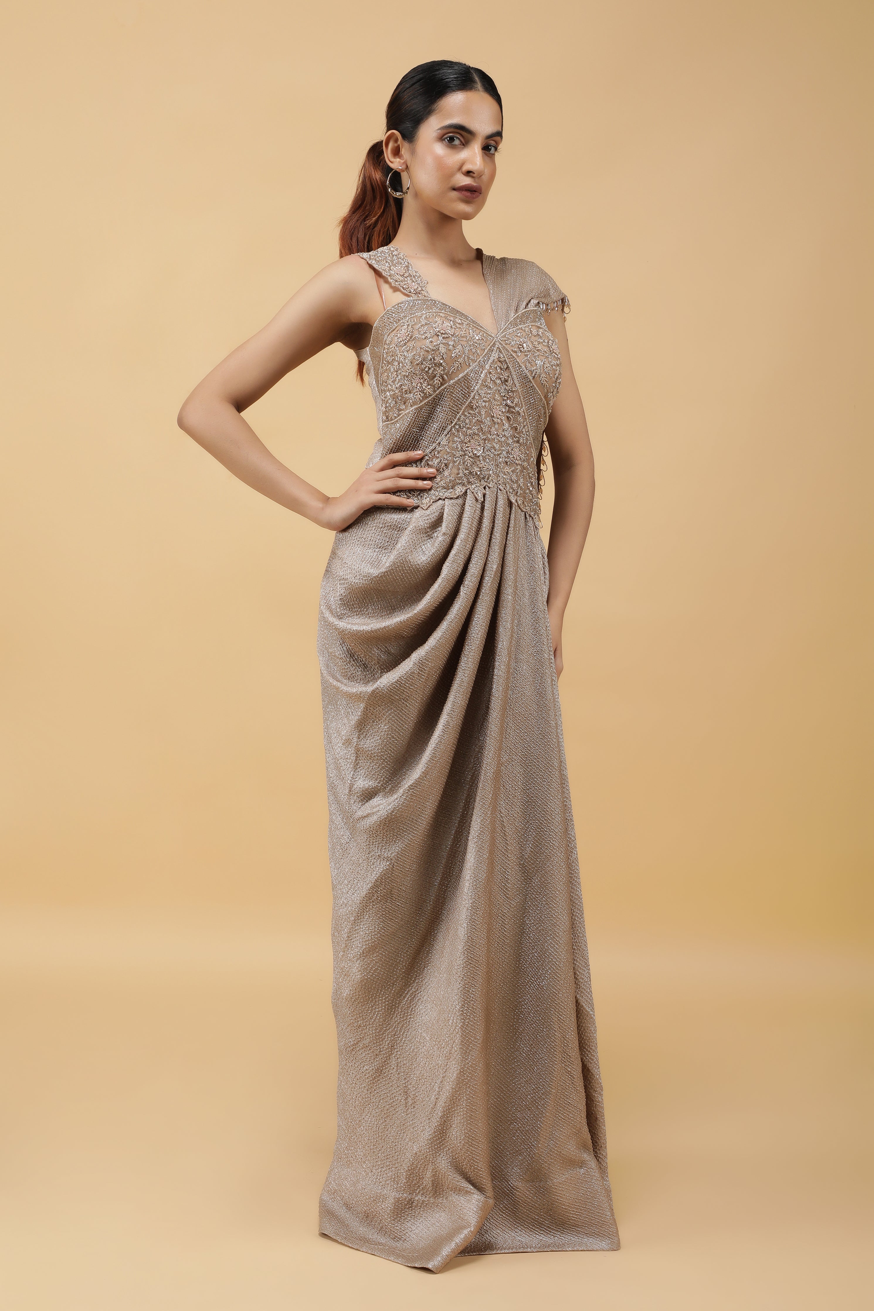 Champagne Radiance Kutdana Embroidered Crushed Draped Gown