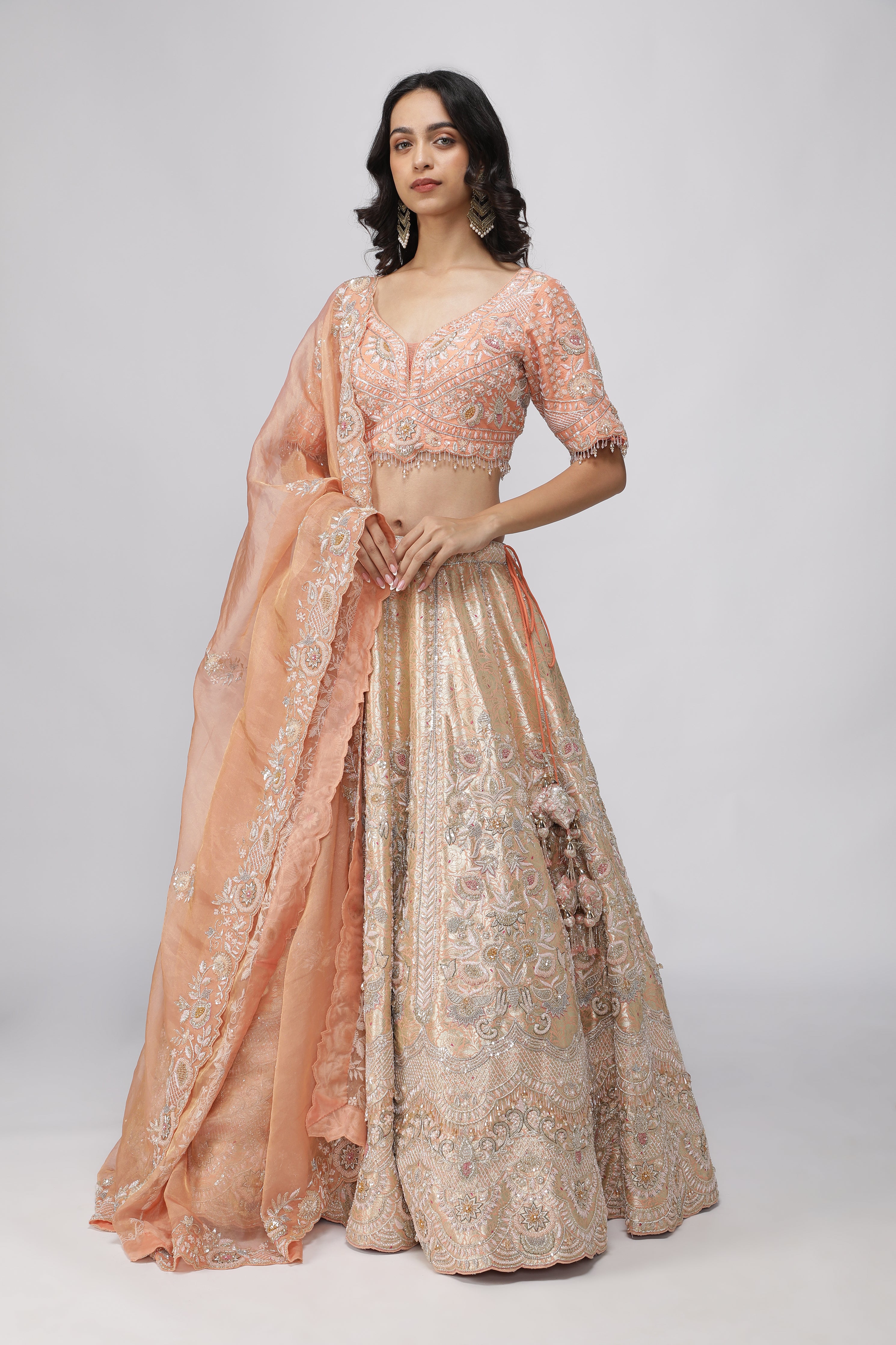 Peach Banarasi Silk Lehenga Set