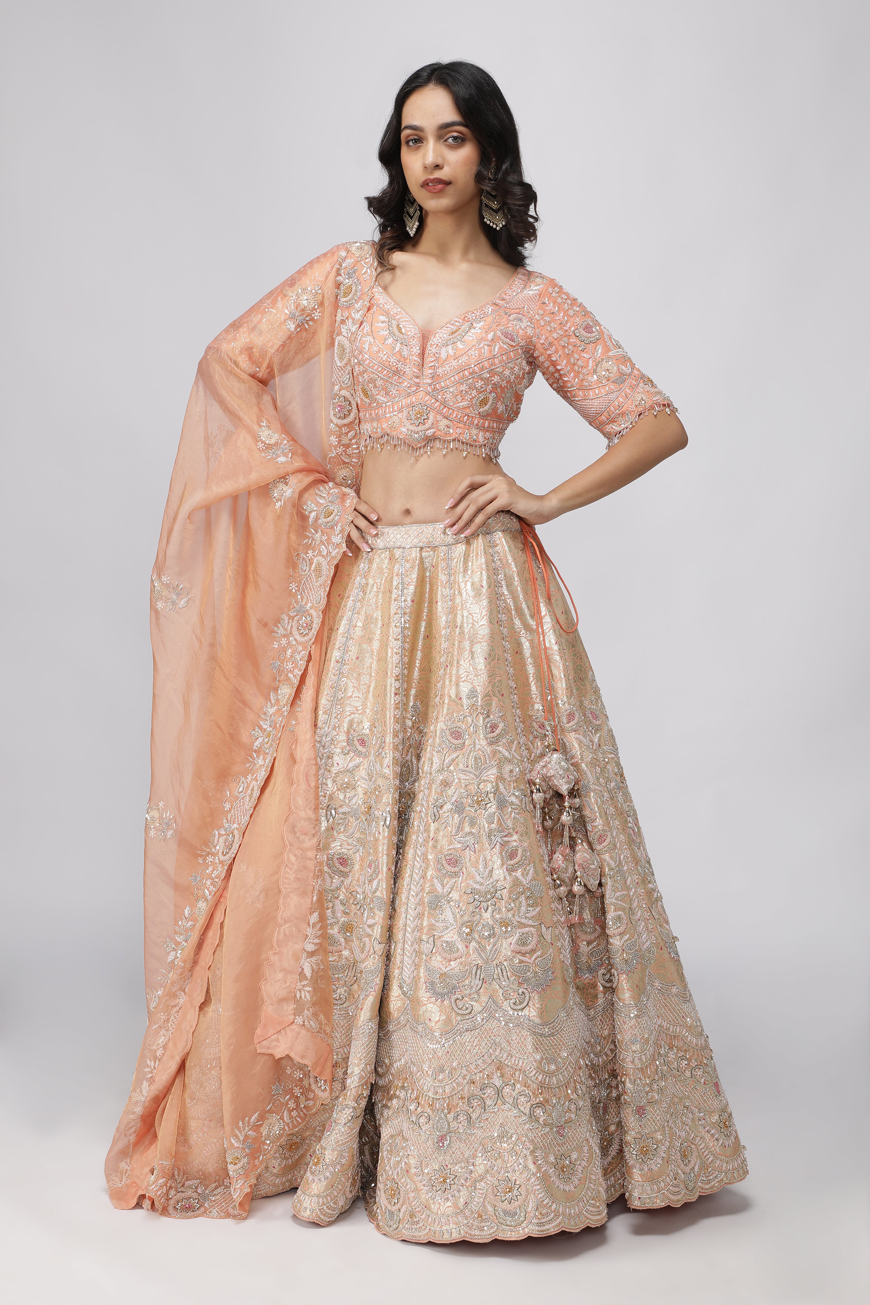 Peach Banarasi Silk Lehenga Set