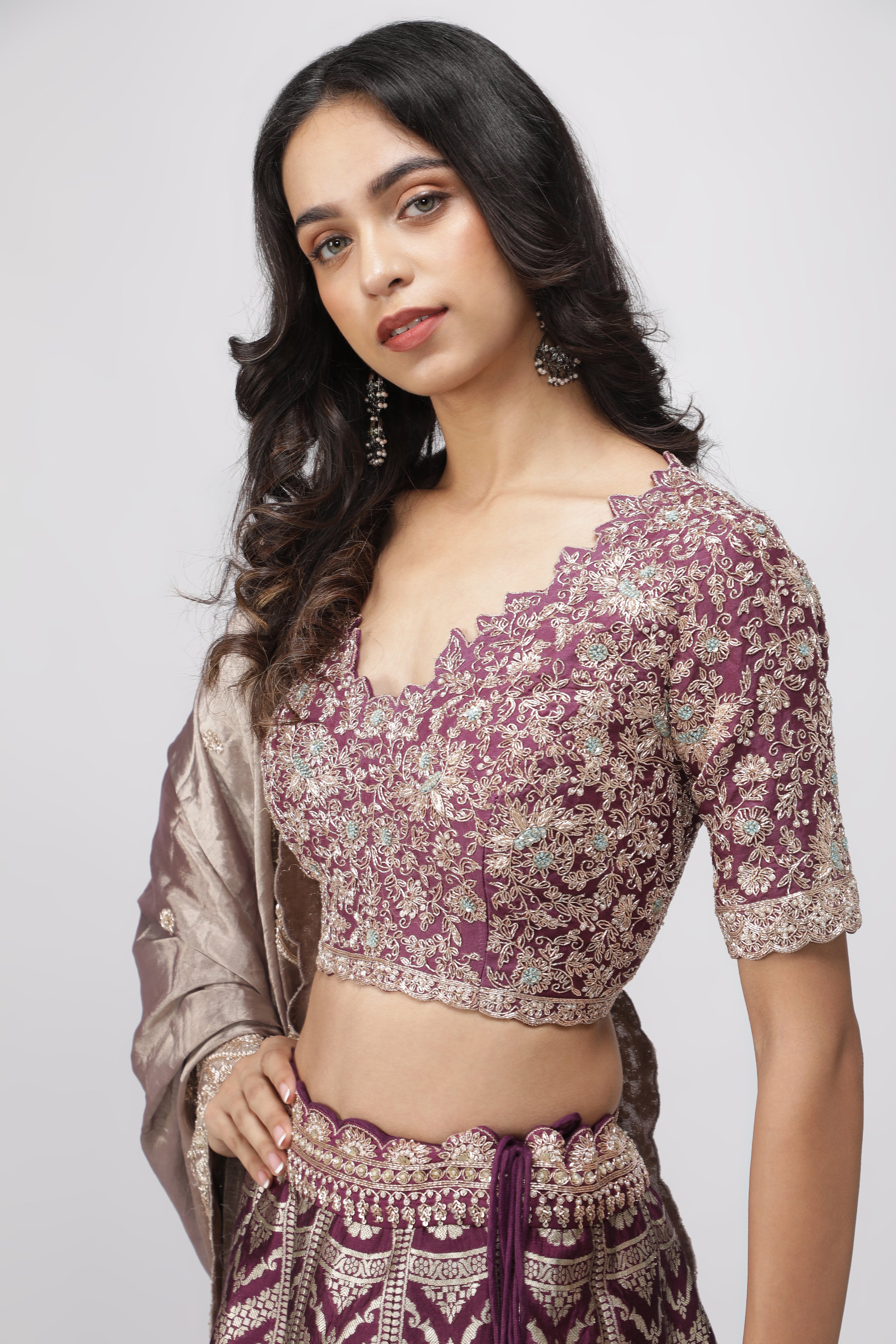 Violet Benarasi Silk Lehenga with Zardozi & French Knot Embroidery