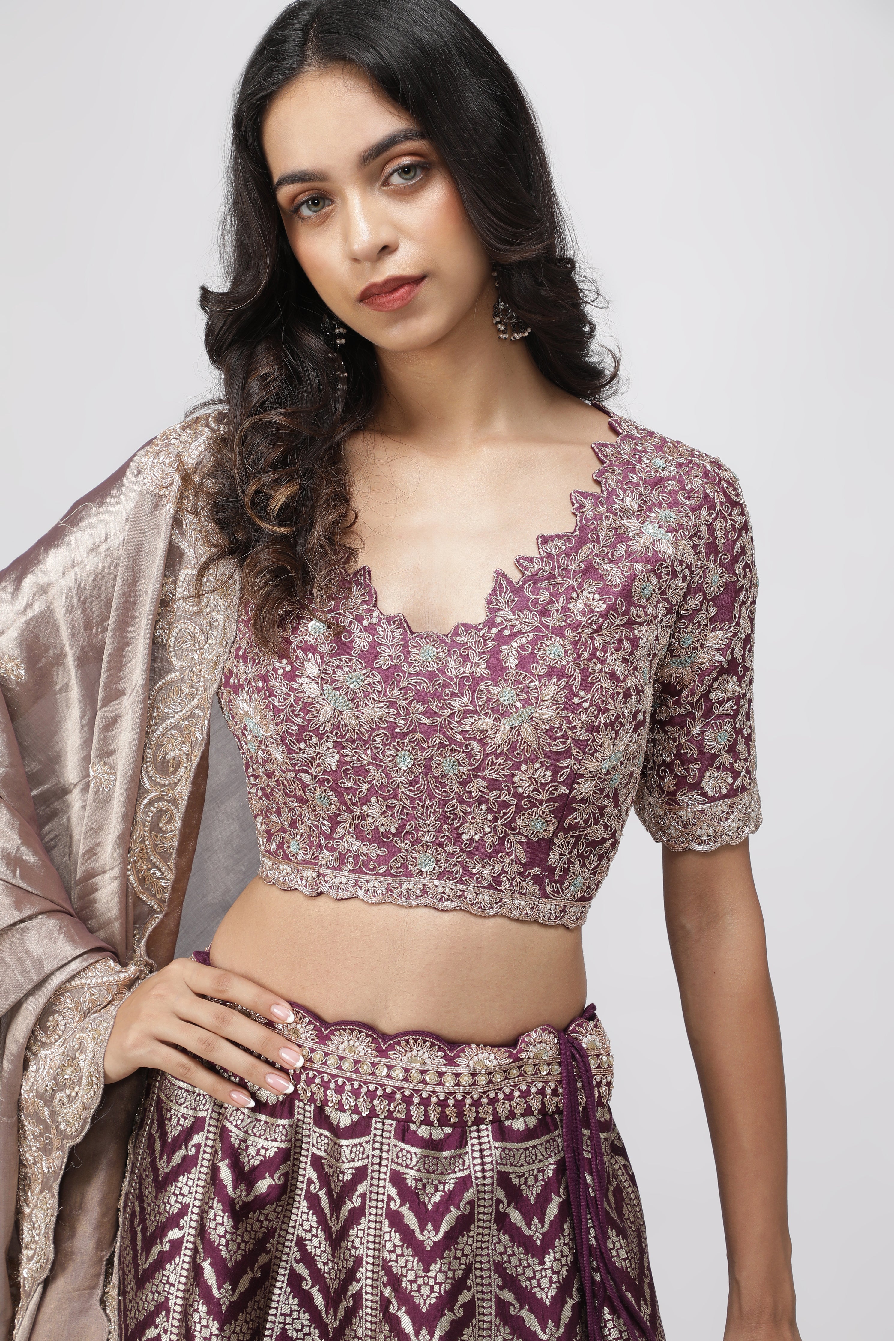 Violet Benarasi Silk Lehenga with Zardozi & French Knot Embroidery