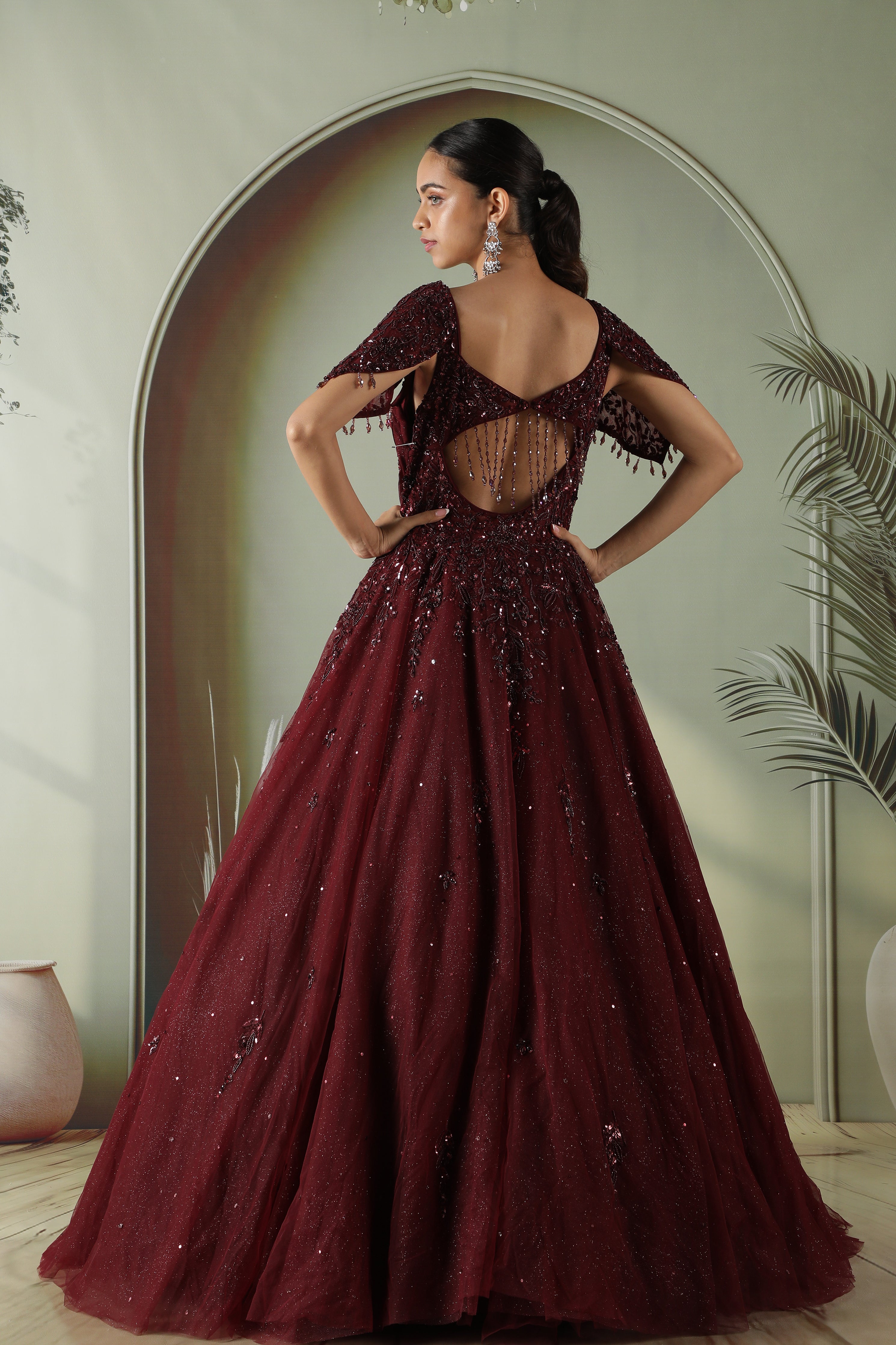 Maroon Net Gown with Sequin, Pearl & Cutdana Embroidery