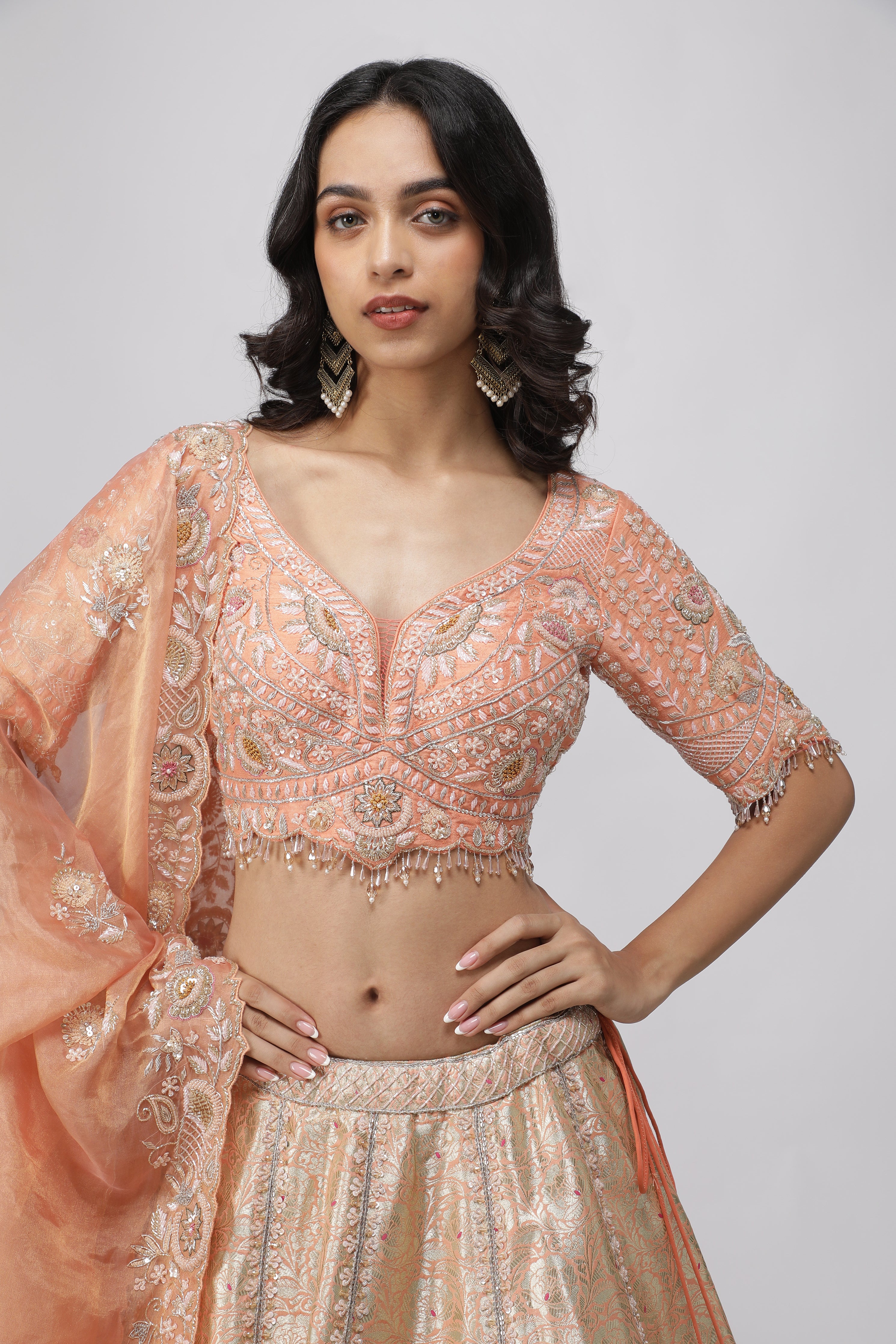 Peach Banarasi Silk Lehenga Set