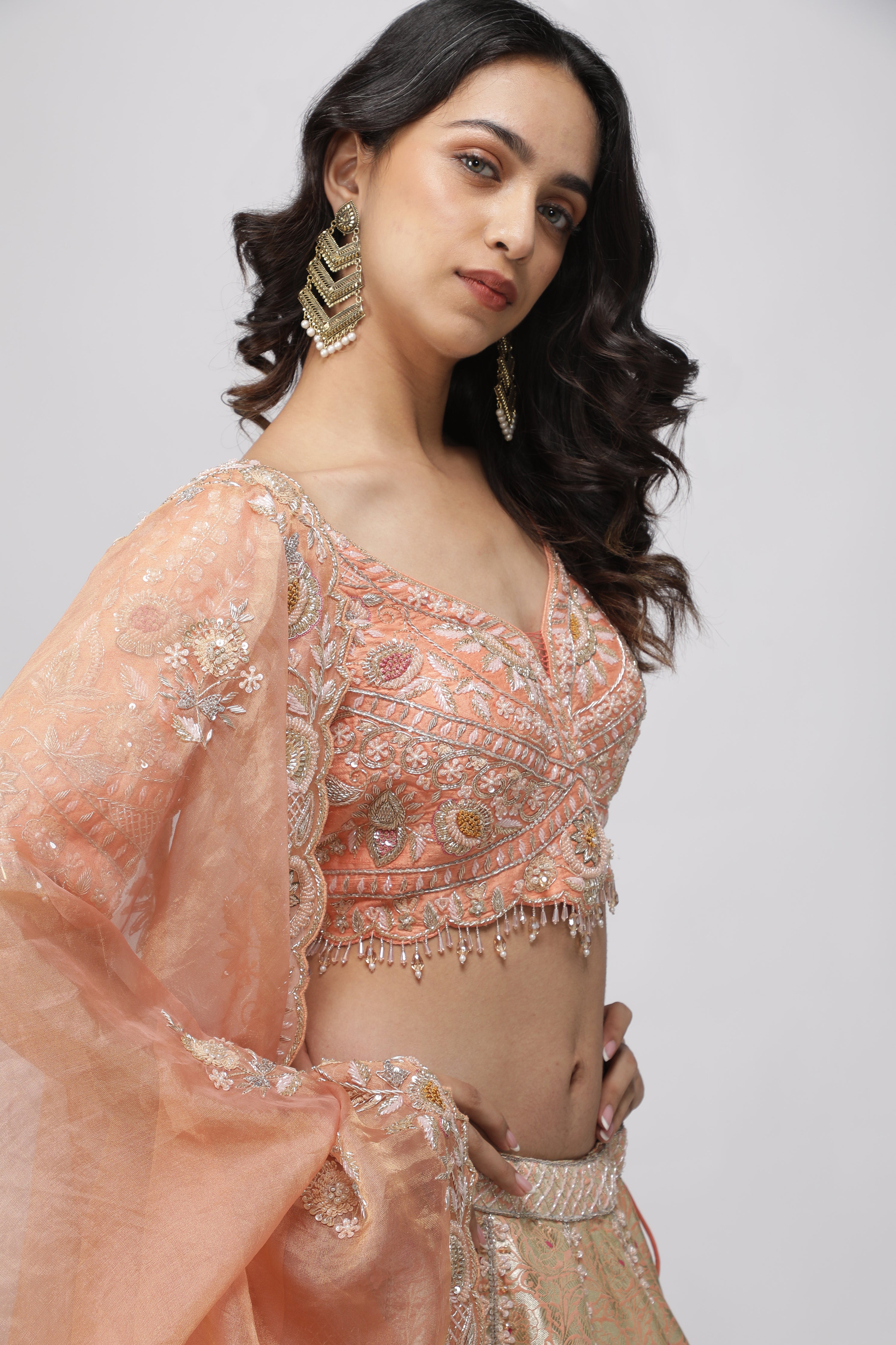 Peach Banarasi Silk Lehenga Set