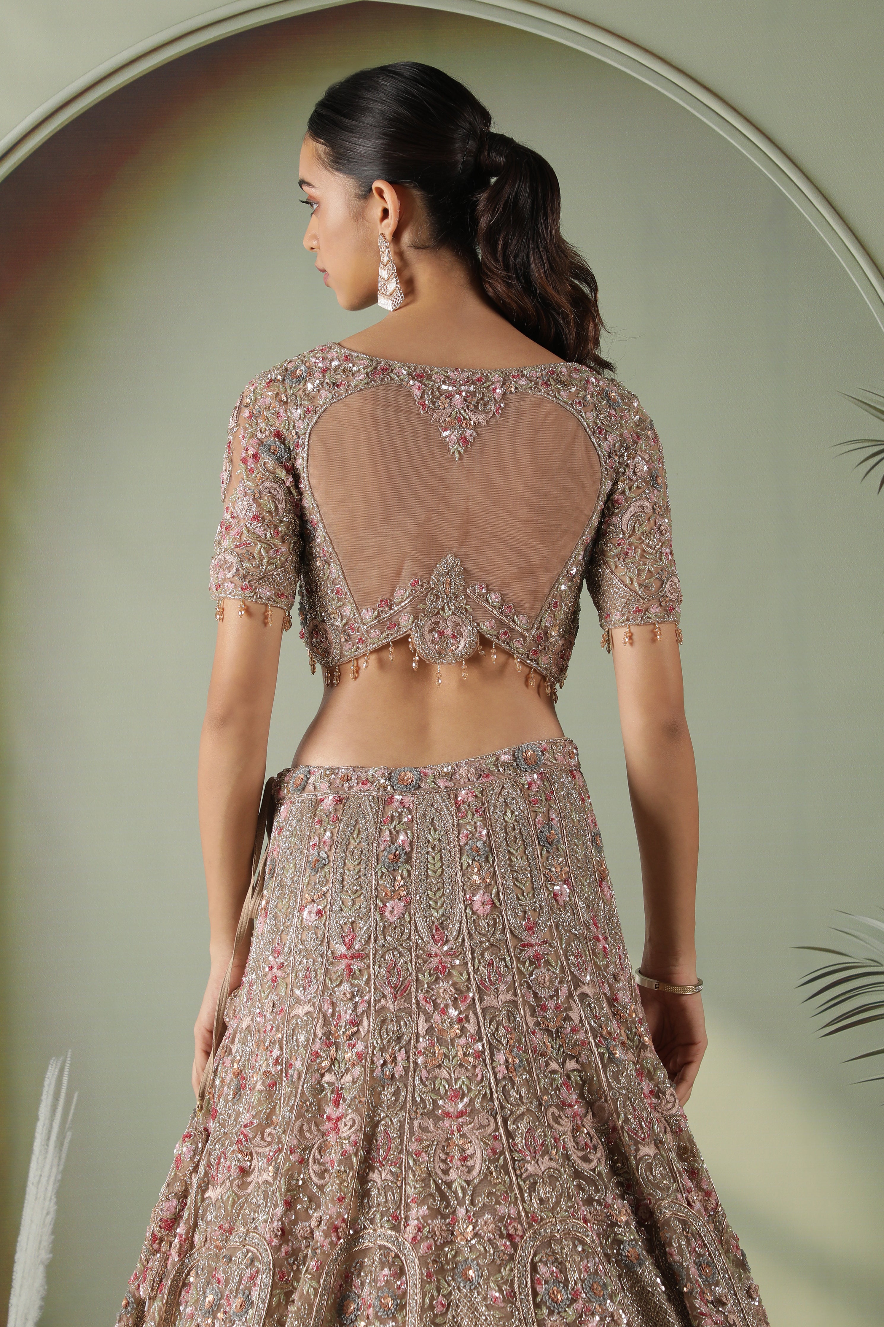 Mocha Taupe Multi-Color Embroidered Net Lehenga Set