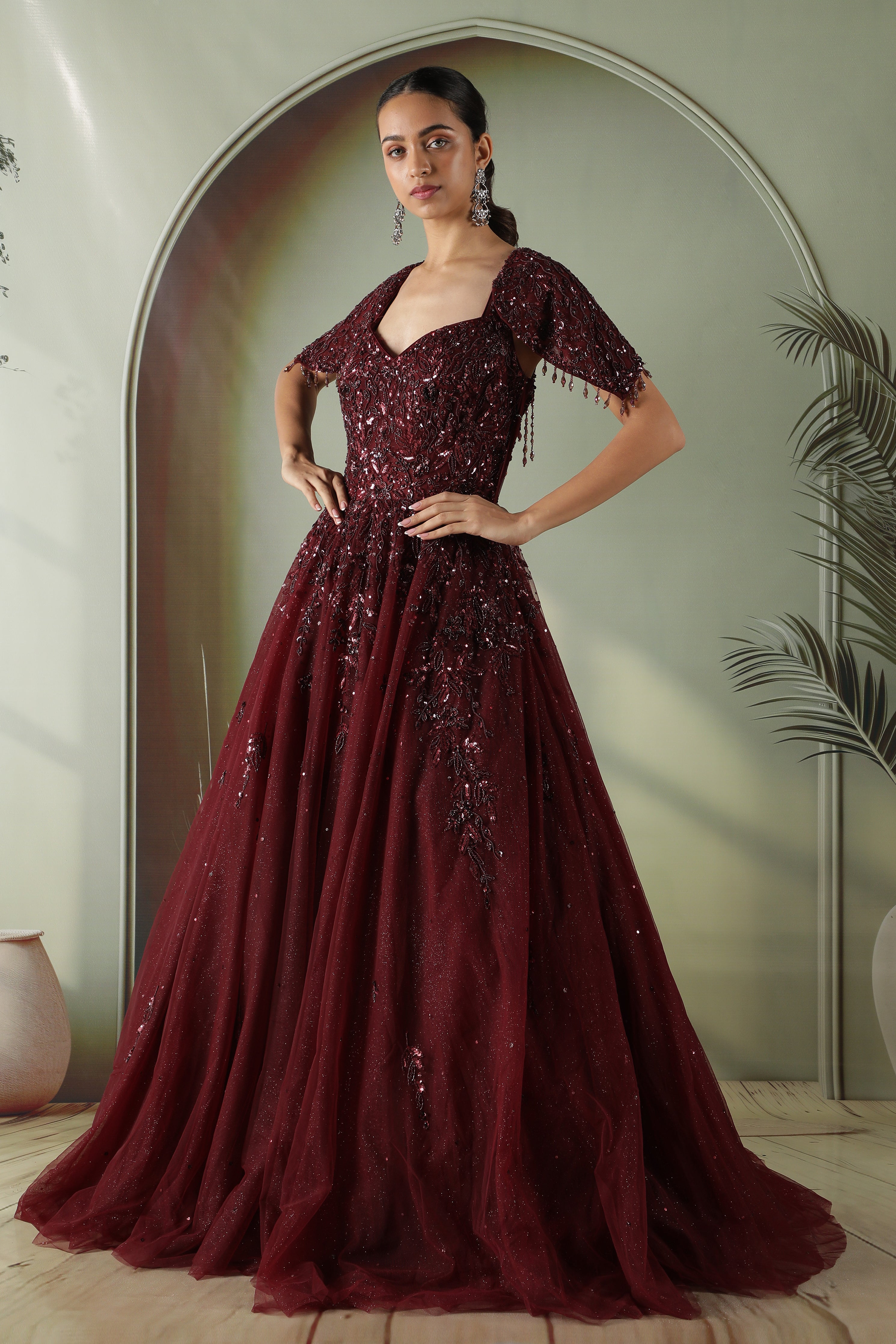 Maroon Net Gown with Sequin, Pearl & Cutdana Embroidery