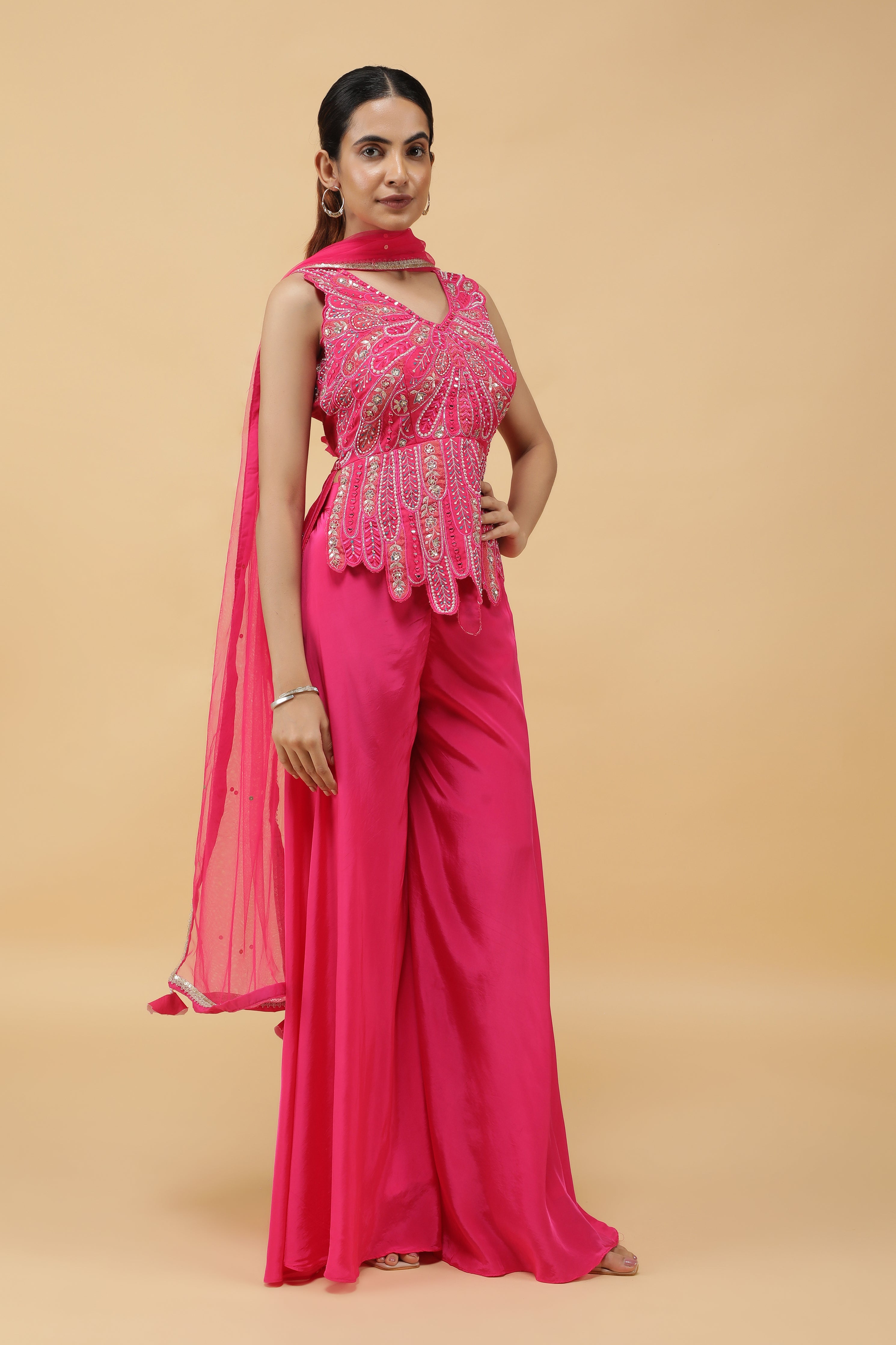 Fuchsia Petal Appliqué Silk Top & Palazzo Pant Set