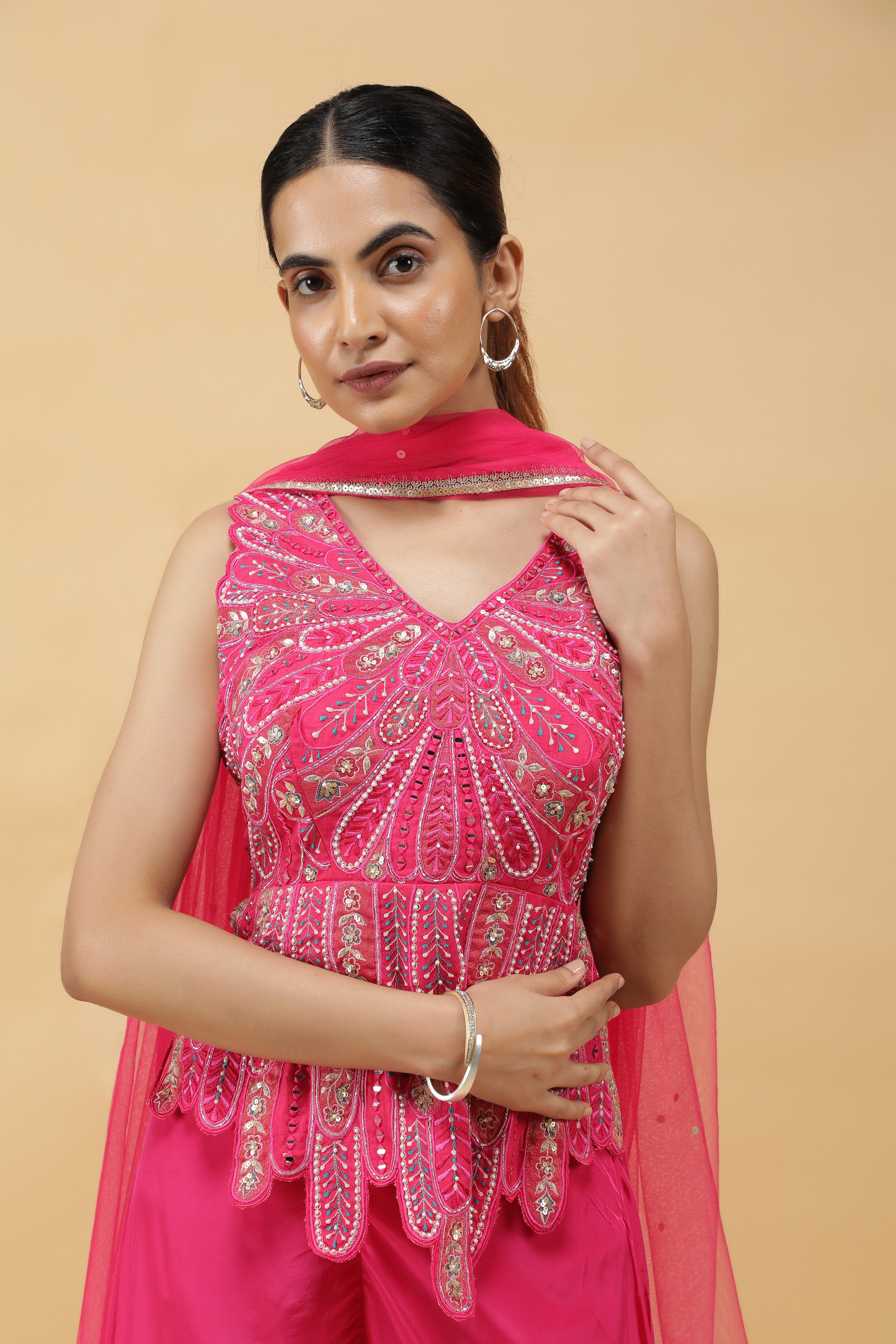 Fuchsia Petal Appliqué Silk Top & Palazzo Pant Set