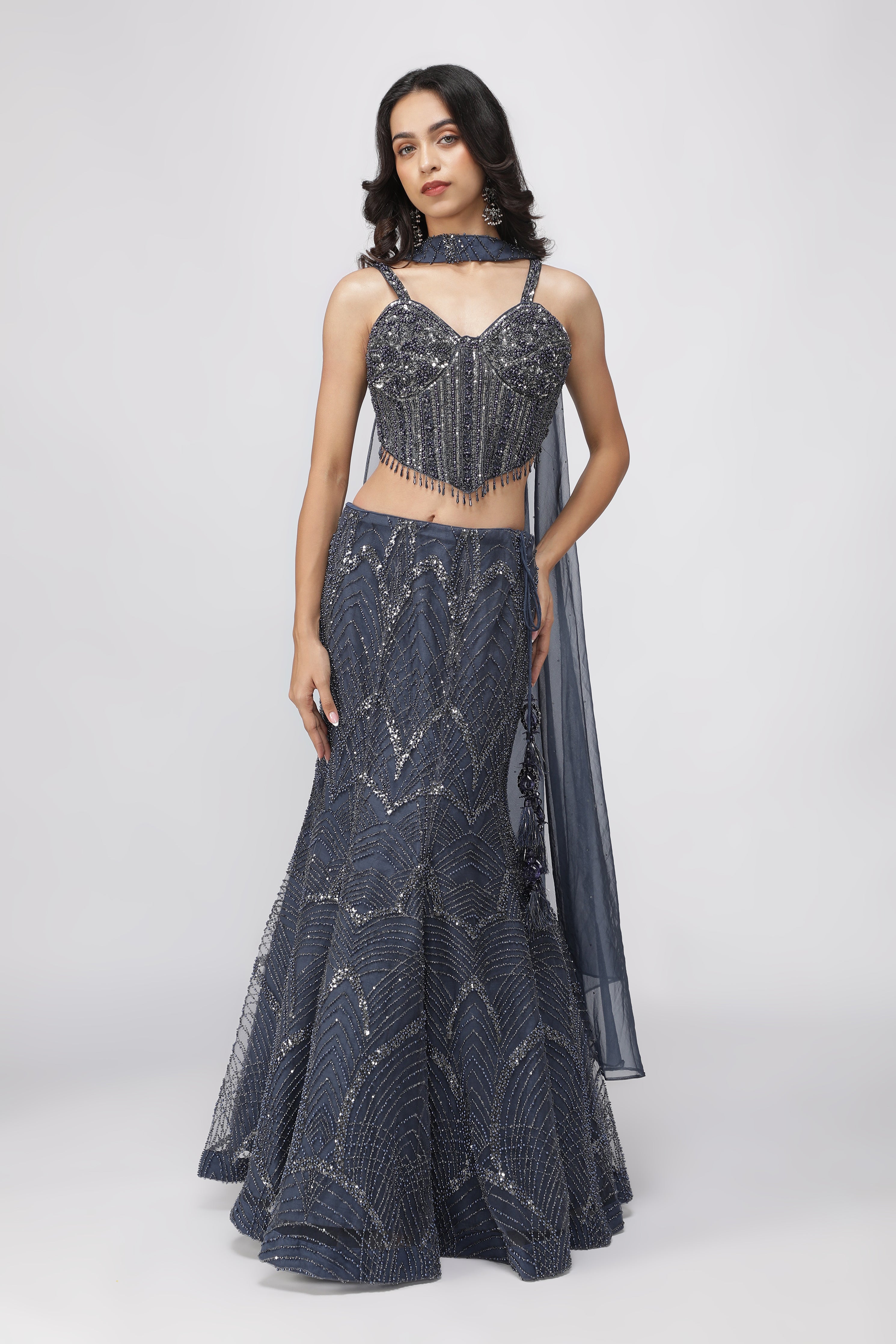 Blue Net Mermaid Lehenga with Embroidered Corset Blouse