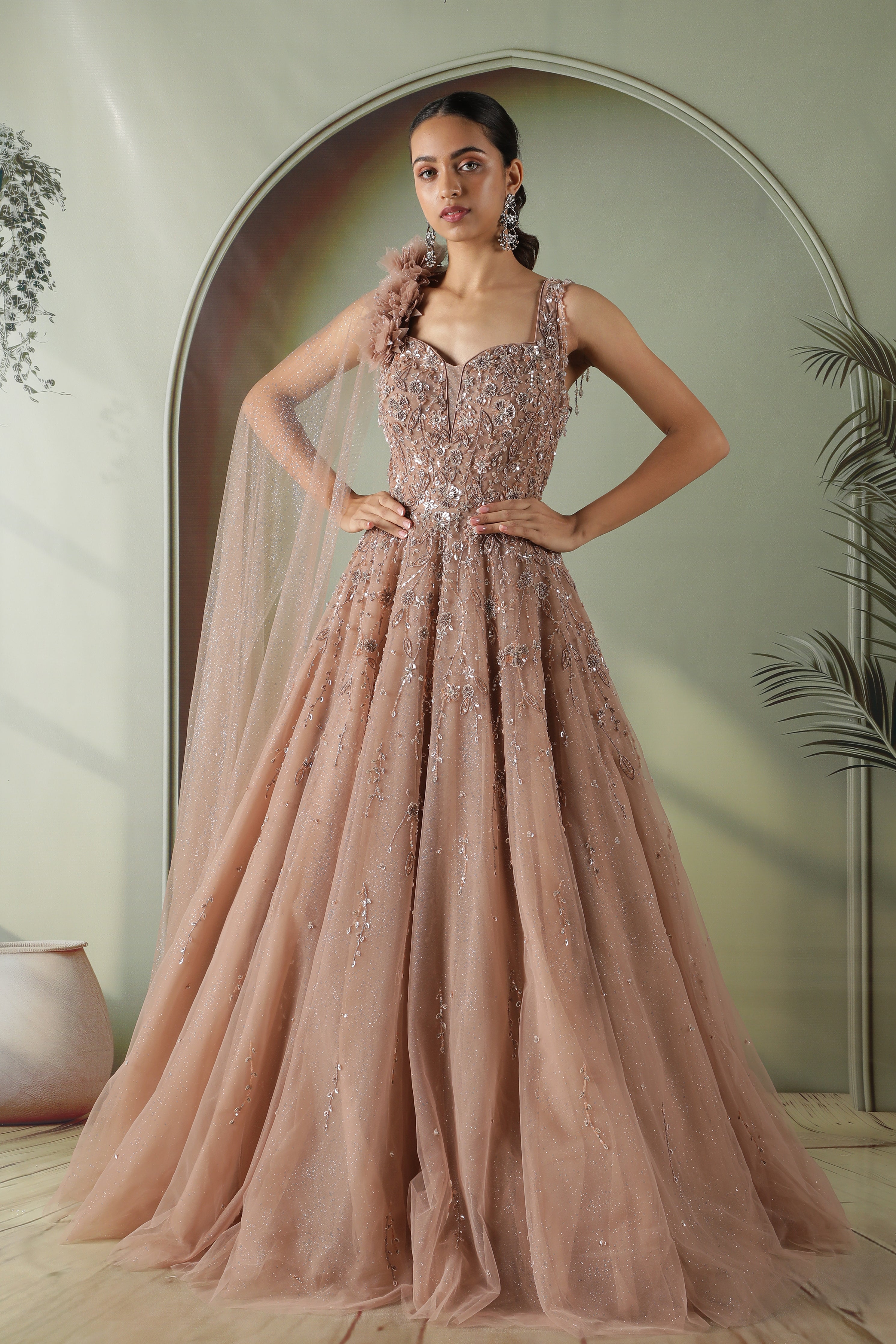 Dusty Peach Net Gown with Pearl and Sequin Embroidery