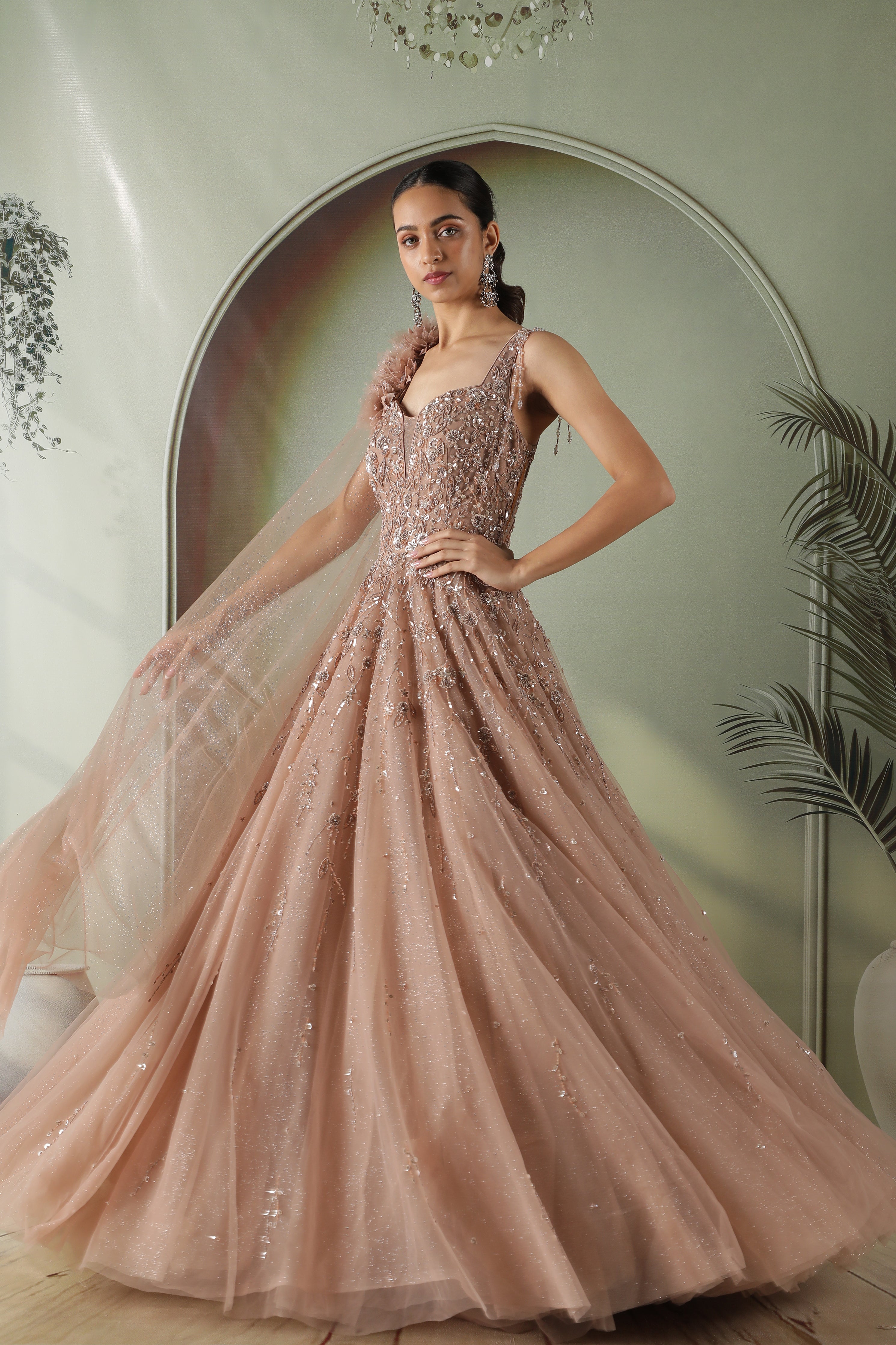 Dusty Peach Net Gown with Pearl and Sequin Embroidery