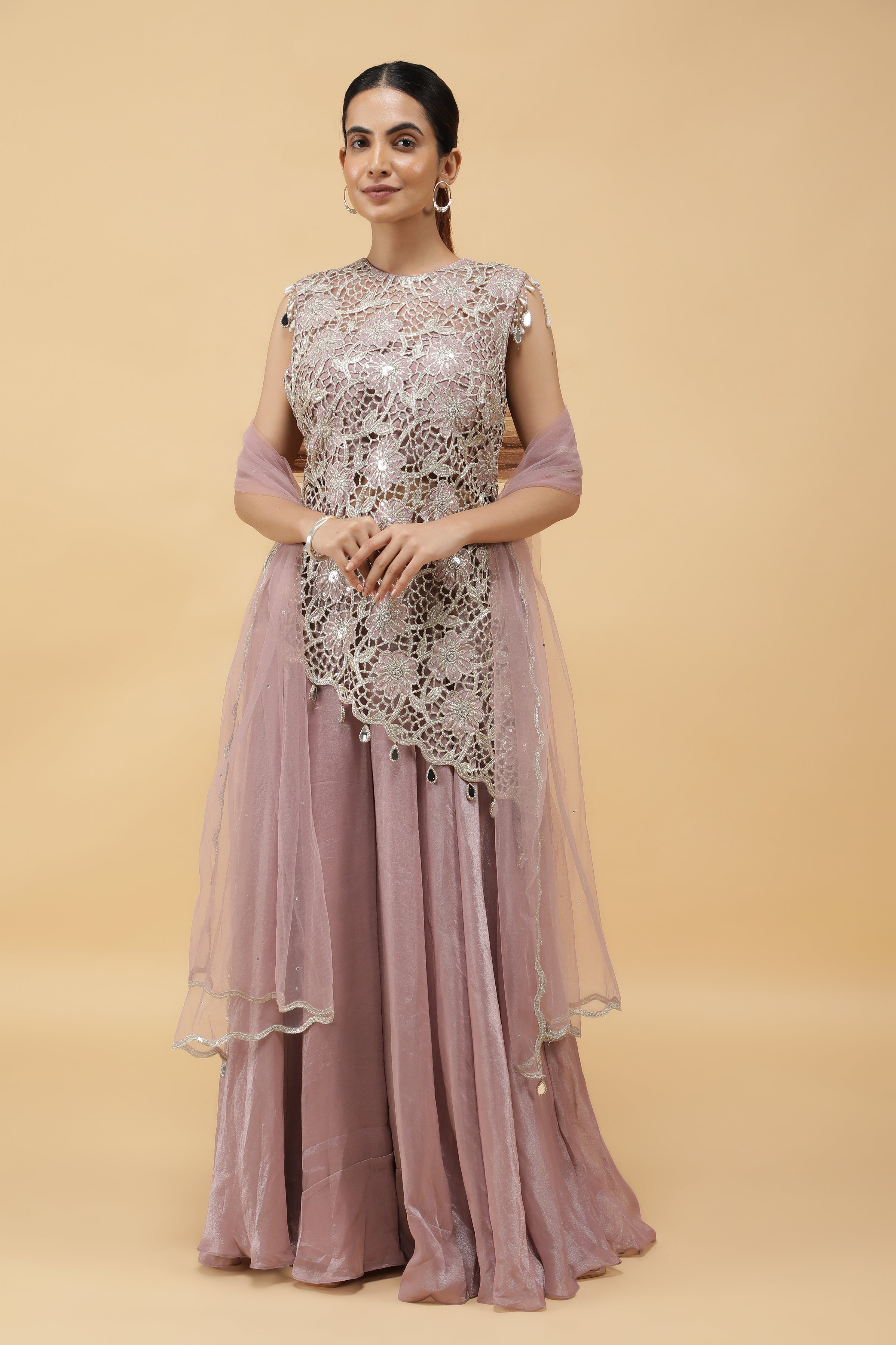 Lavender Lattice Zari Cutwork Top & Palazzo Set