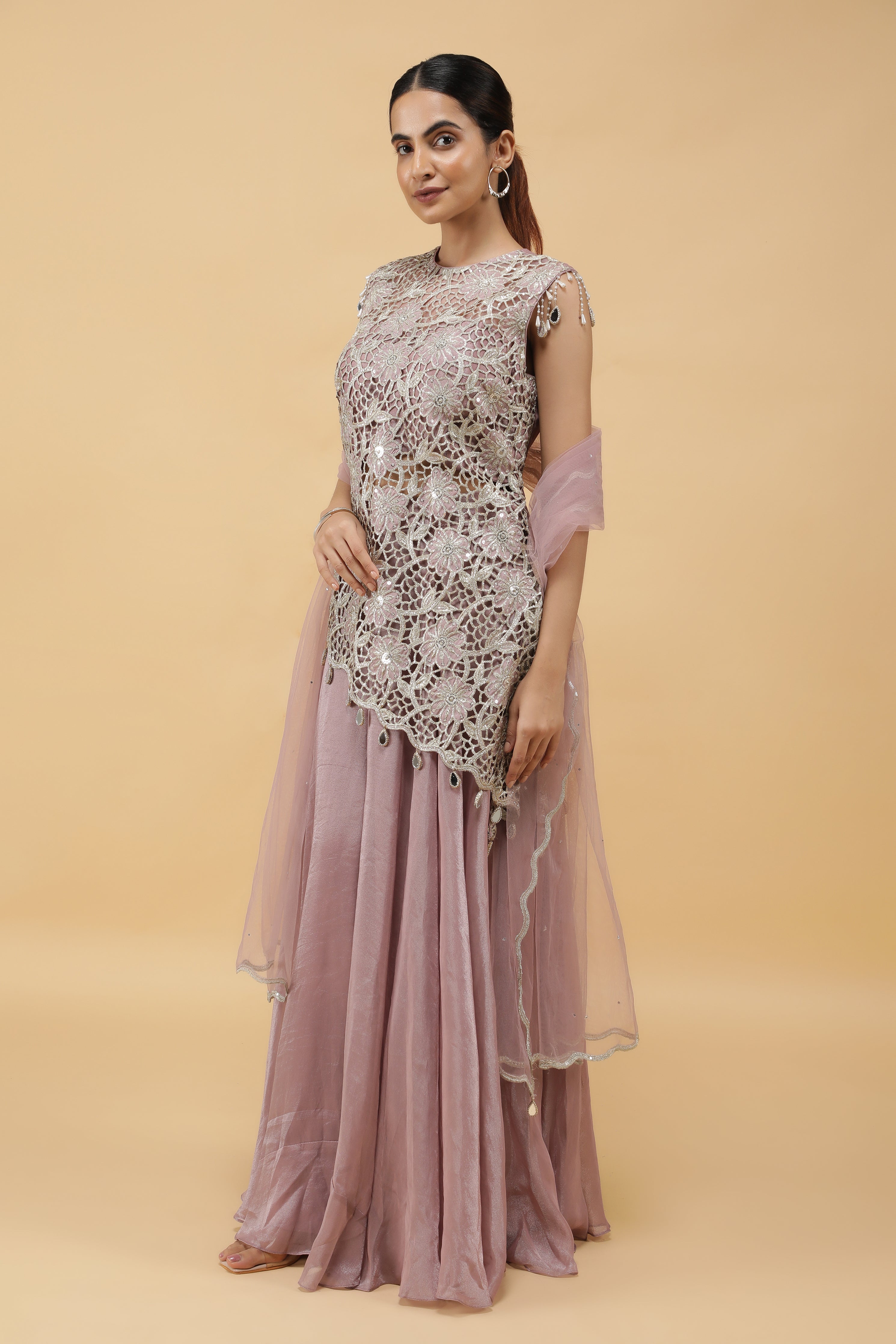 Lavender Lattice Zari Cutwork Top & Palazzo Set