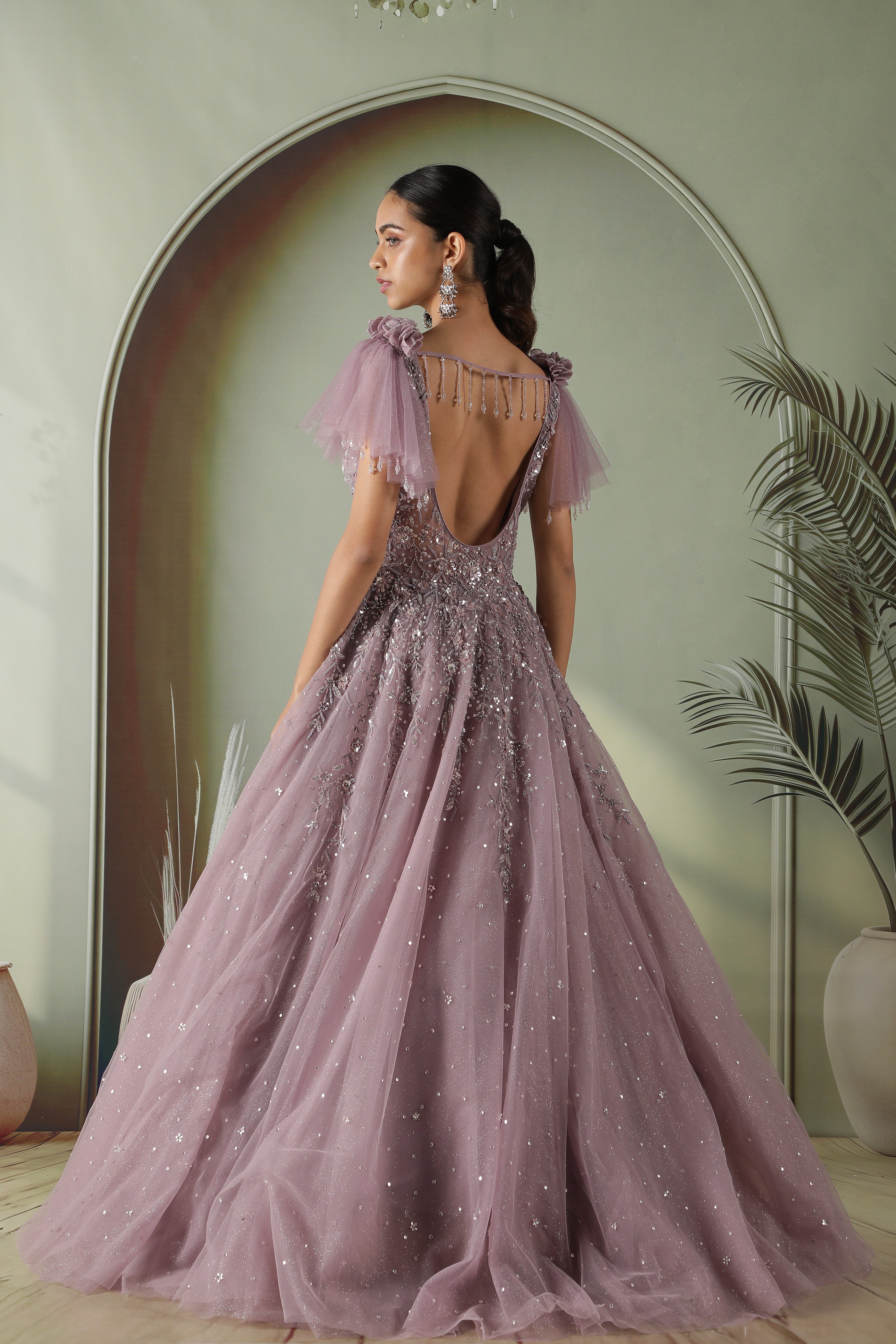 Lavender Net Gown with Sequin, Pearl & Floral Embroidery
