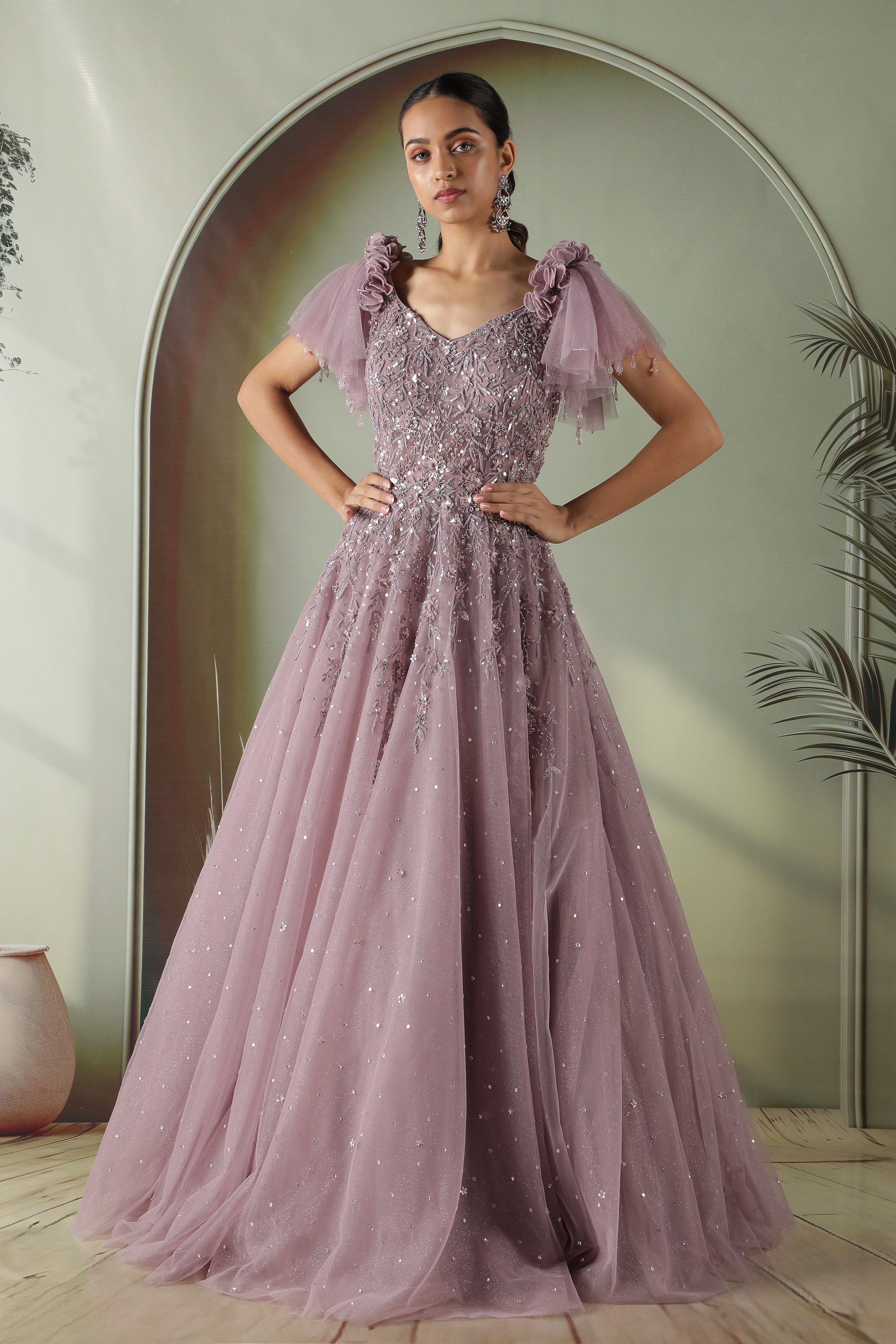 Lavender Net Gown with Sequin, Pearl & Floral Embroidery