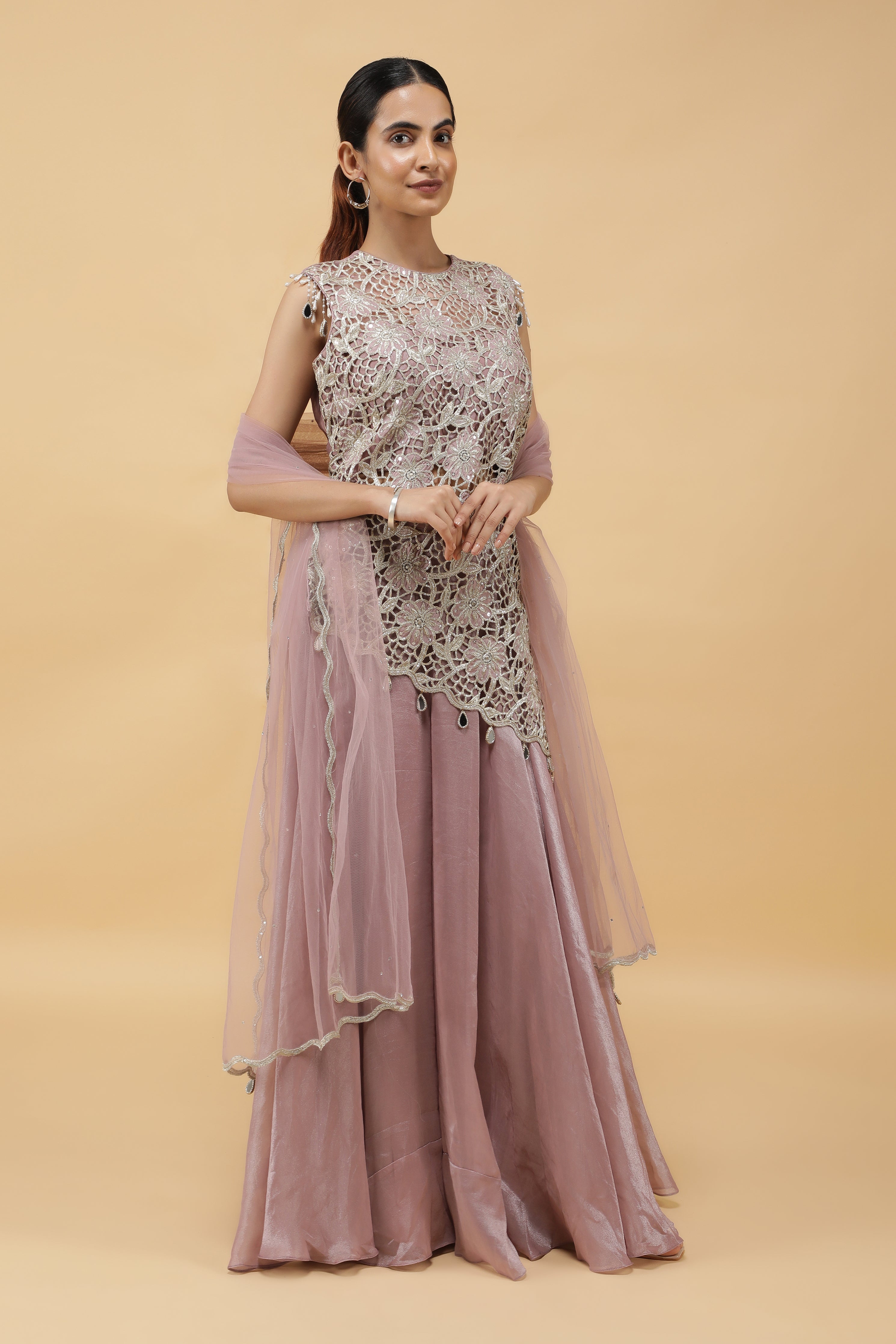 Lavender Lattice Zari Cutwork Top & Palazzo Set