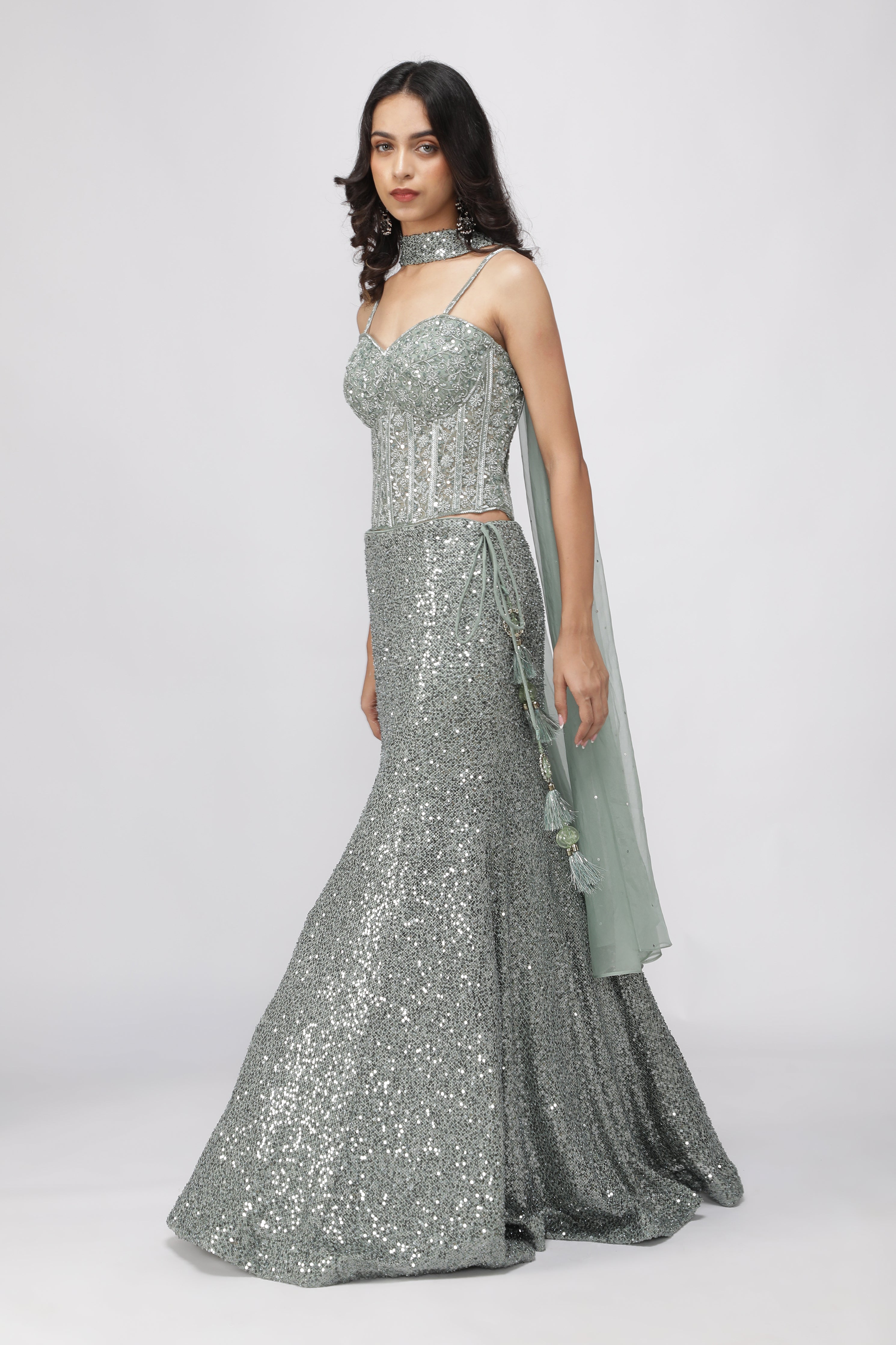 Mint Green Net Mermaid Cut Lehenga Set