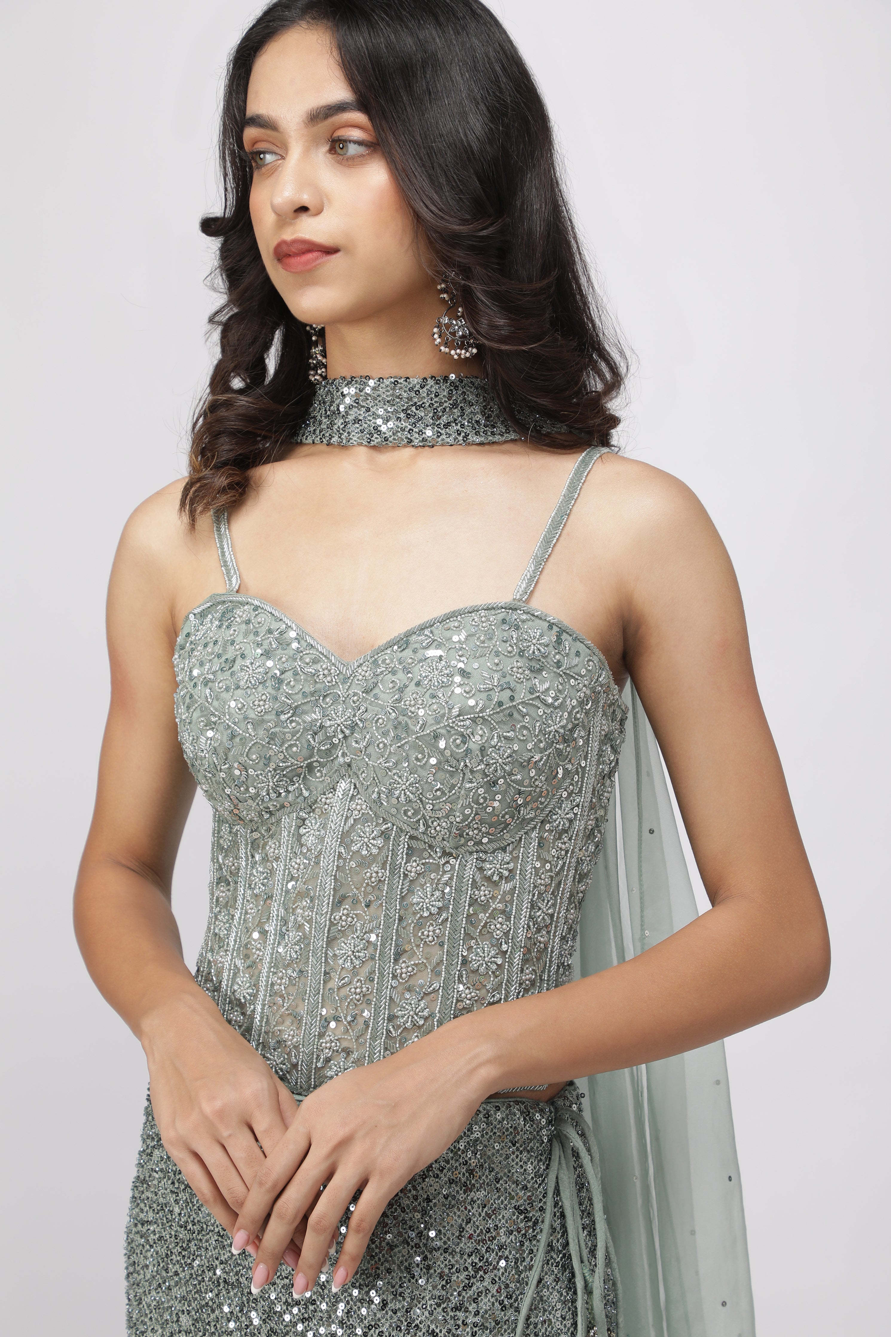 Mint Green Net Mermaid Cut Lehenga Set
