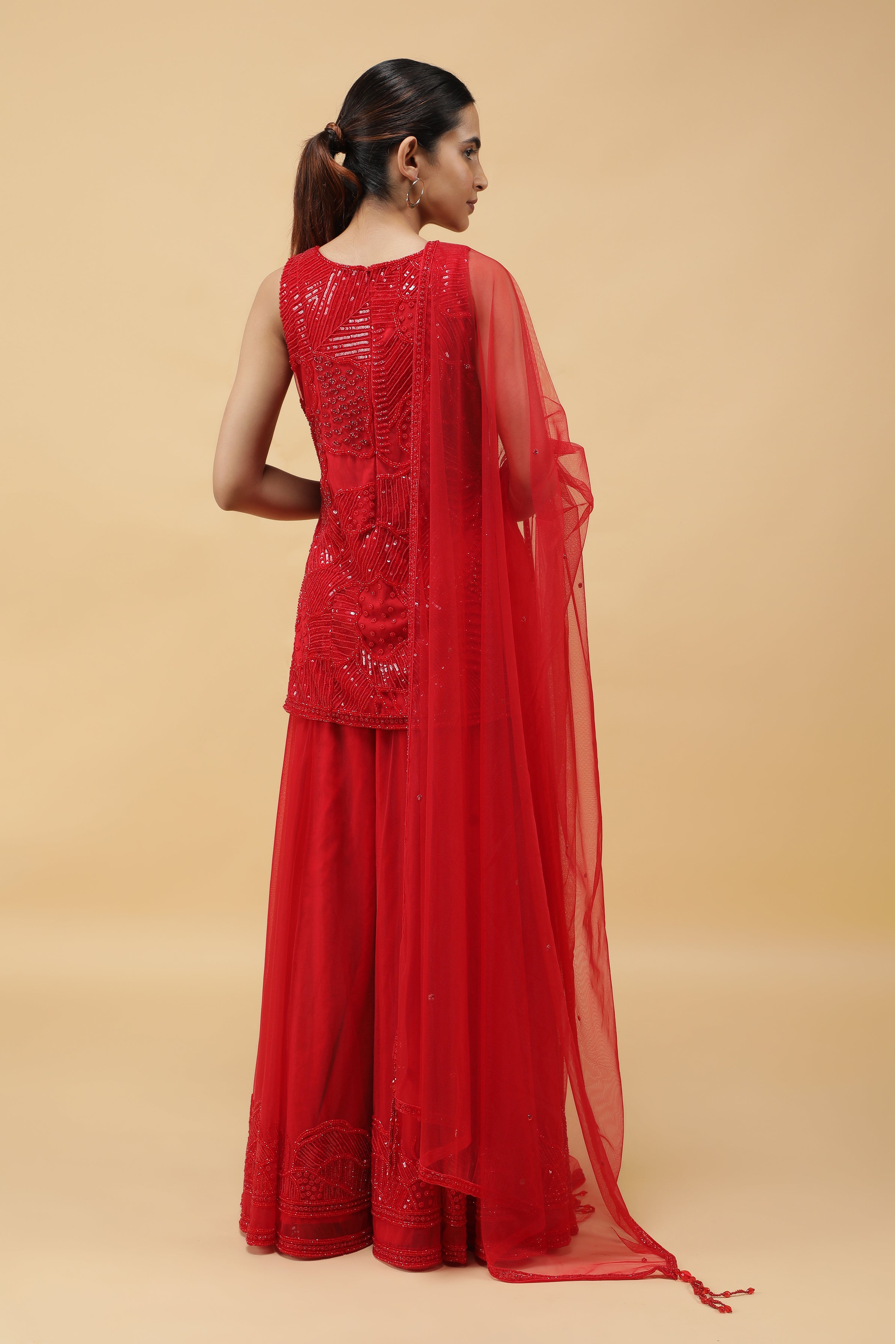 Elegant Red Net Sharara Set with Sequins, Kutdana & Pearl Embroidery