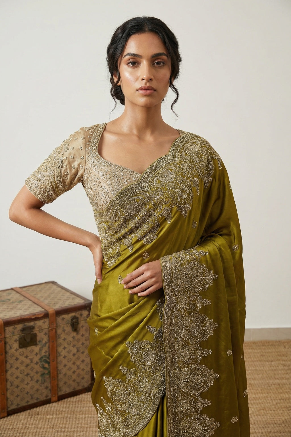 Greenish Yellow Satin Saree with Zardozi Border