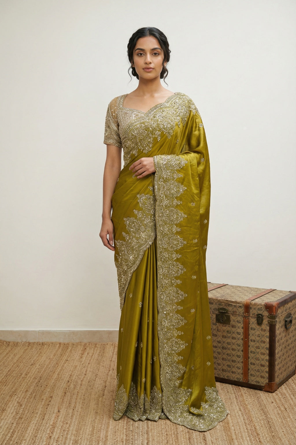 Greenish Yellow Satin Saree with Zardozi Border