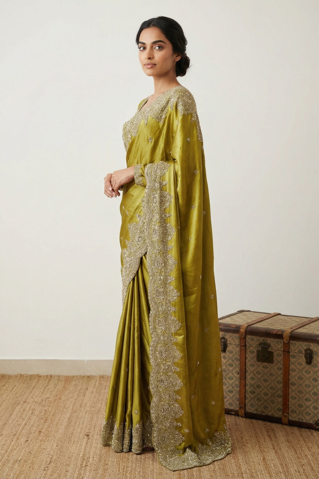 Greenish Yellow Satin Saree with Zardozi Border
