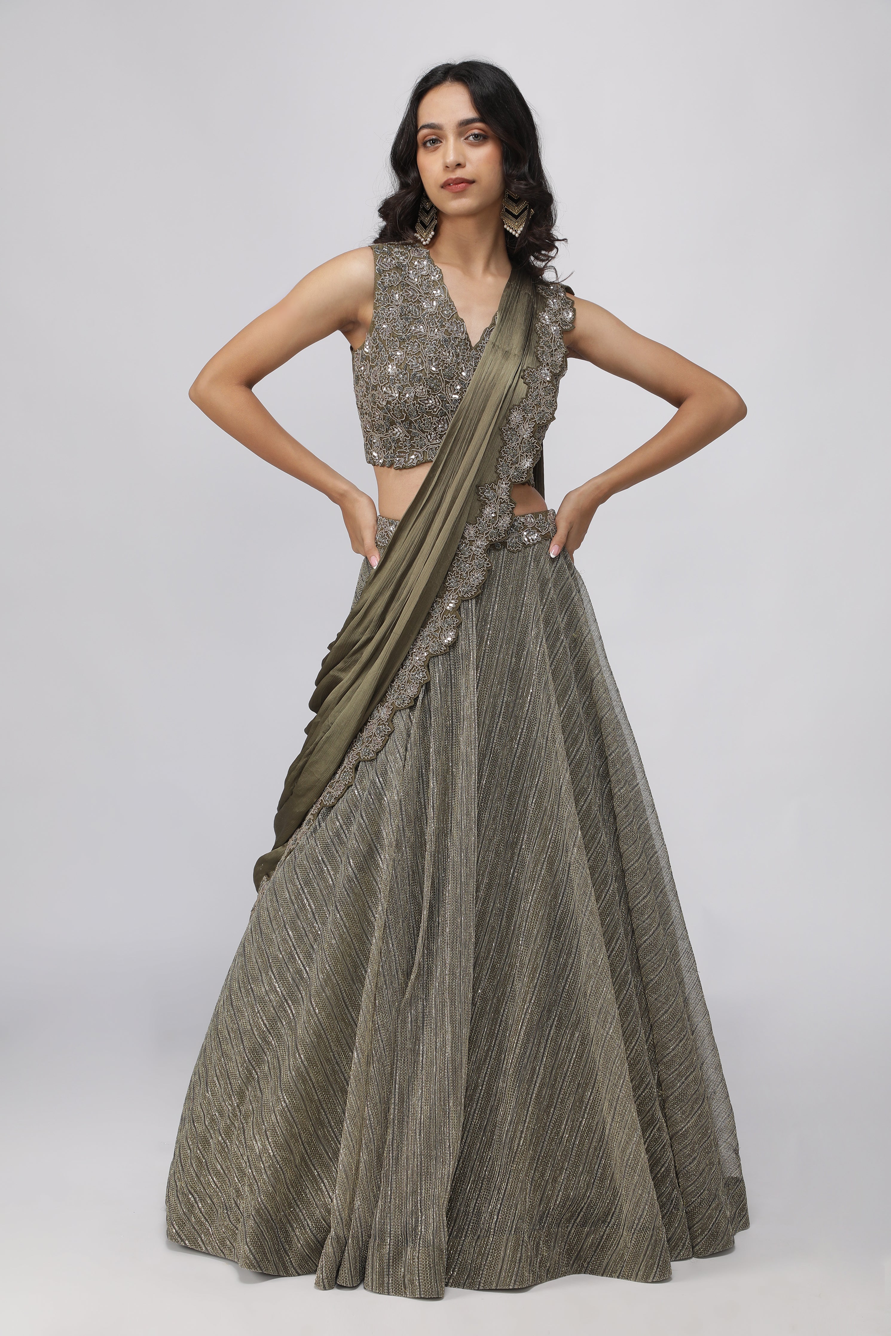Olive Green Embroidered Lehenga set