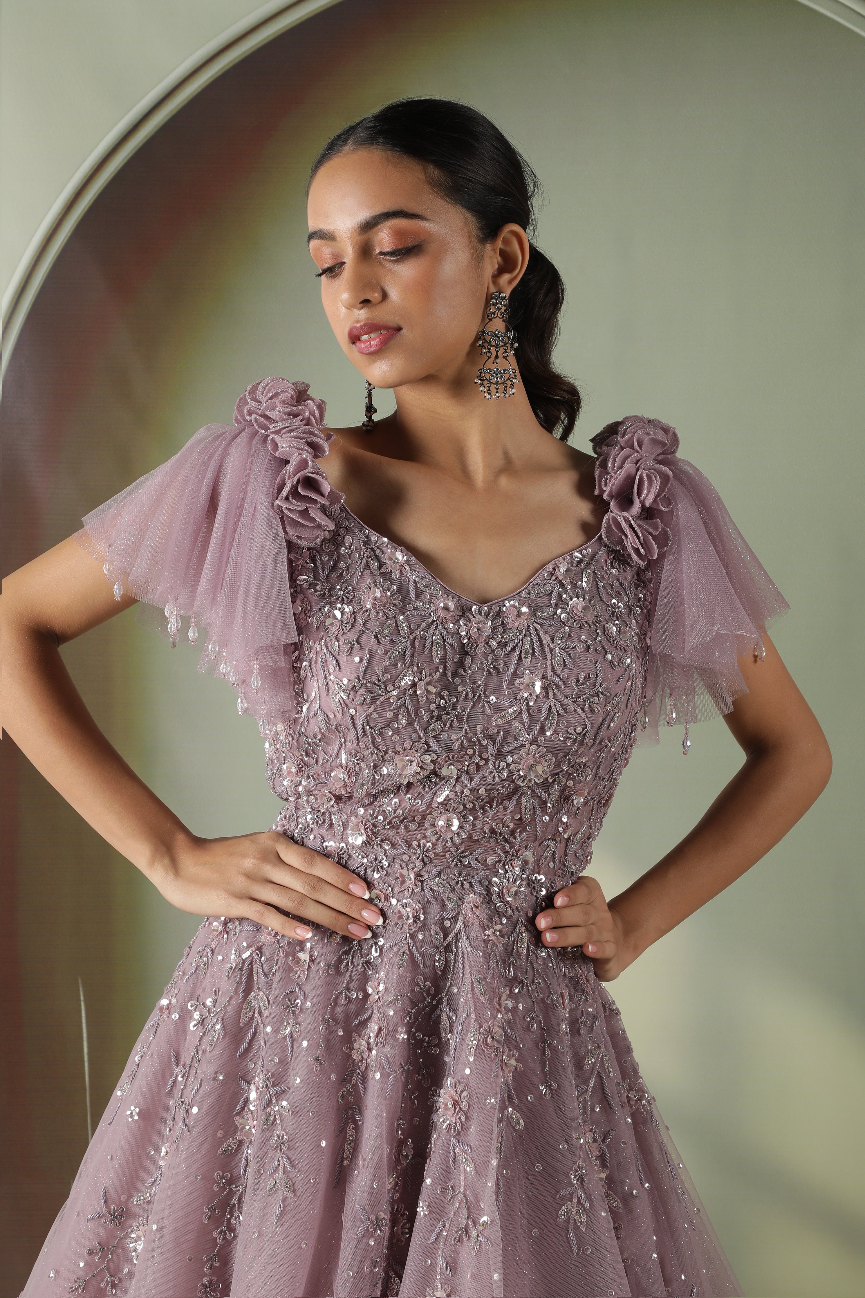 Lavender Net Gown with Sequin, Pearl & Floral Embroidery