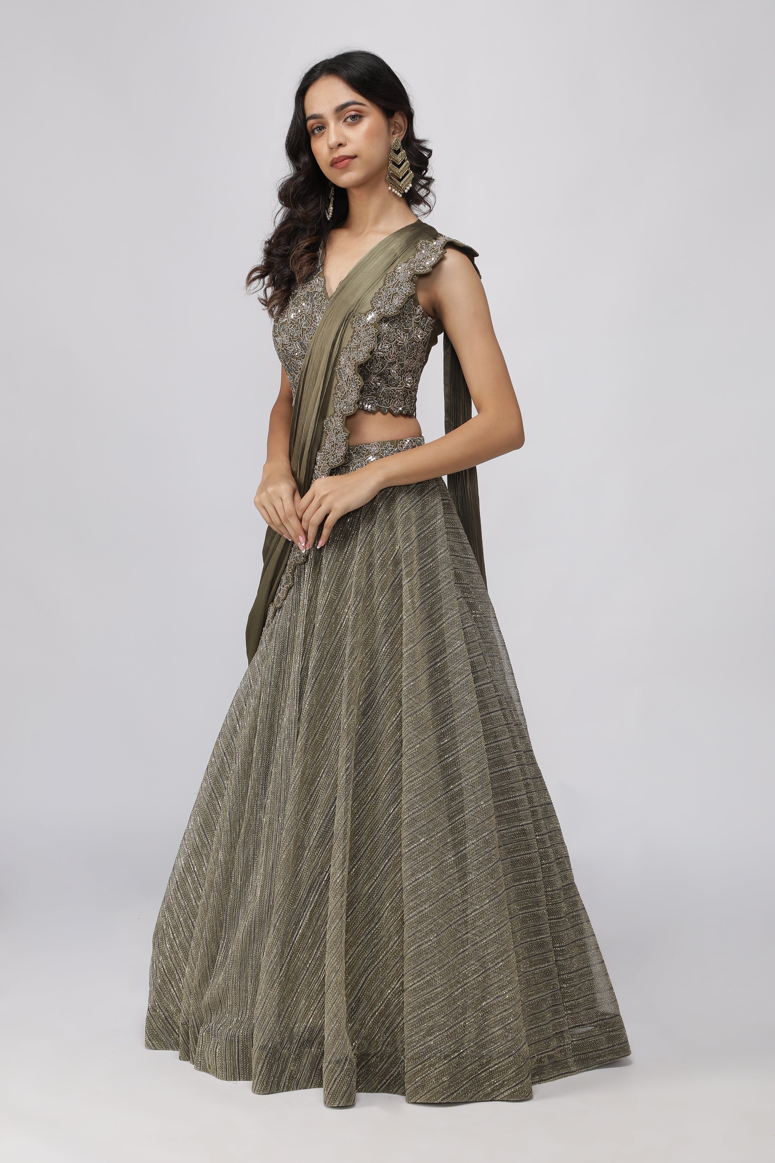 Olive Green Embroidered Lehenga set