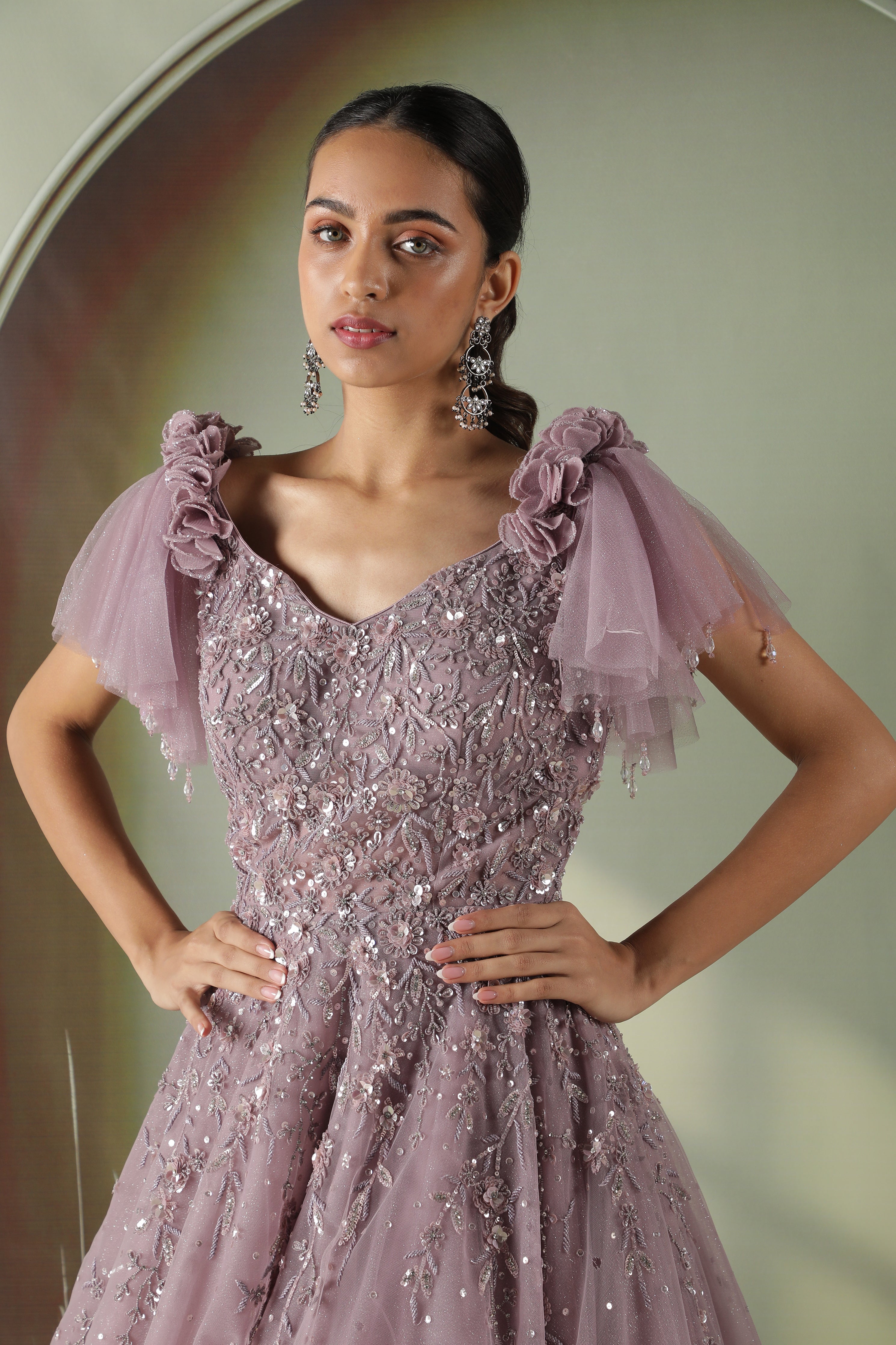 Lavender Net Gown with Sequin, Pearl & Floral Embroidery