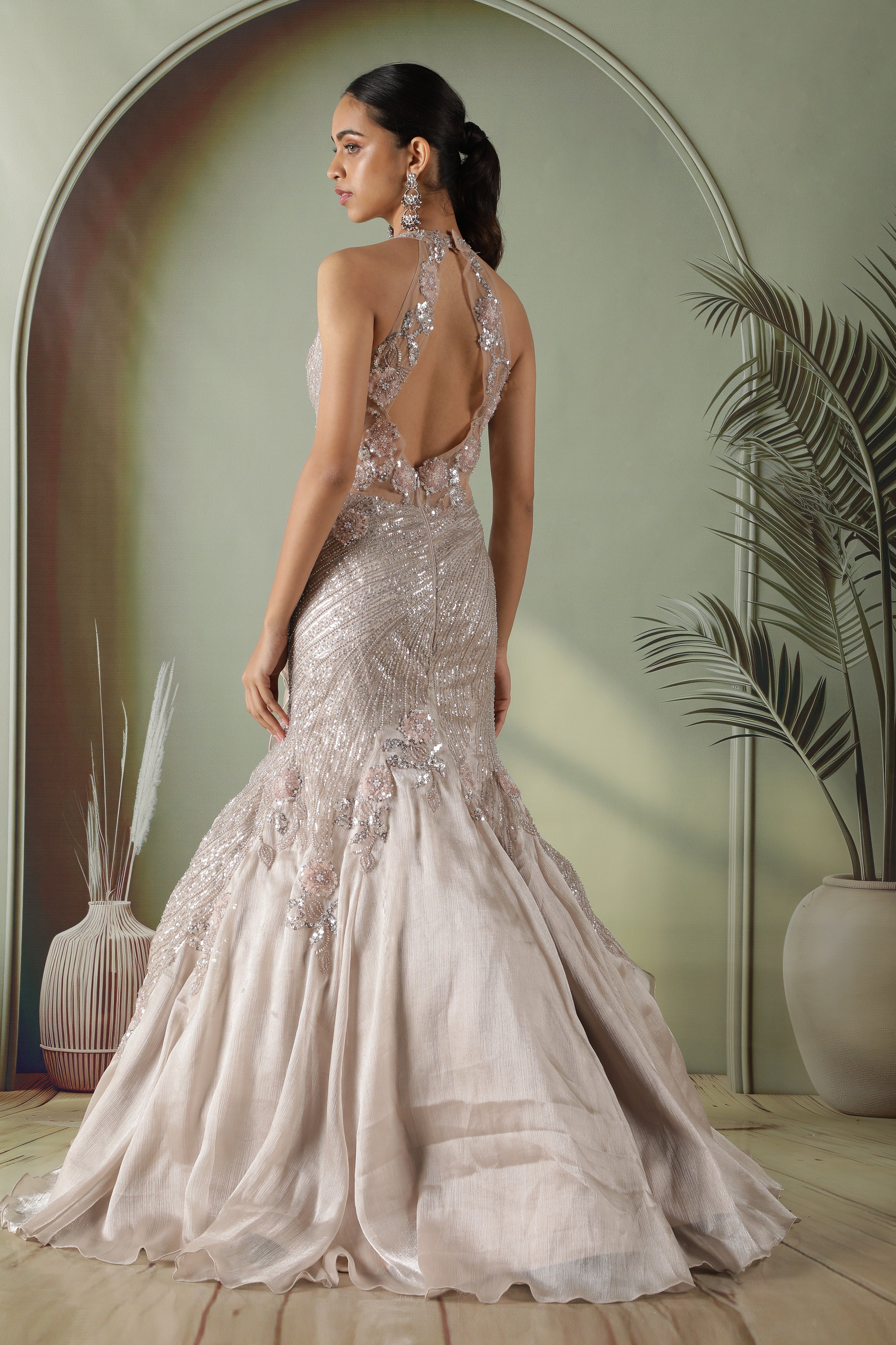 Champagne Grey Crushed Tissue Mermaid Gown with Sequins & Floral Appliqué