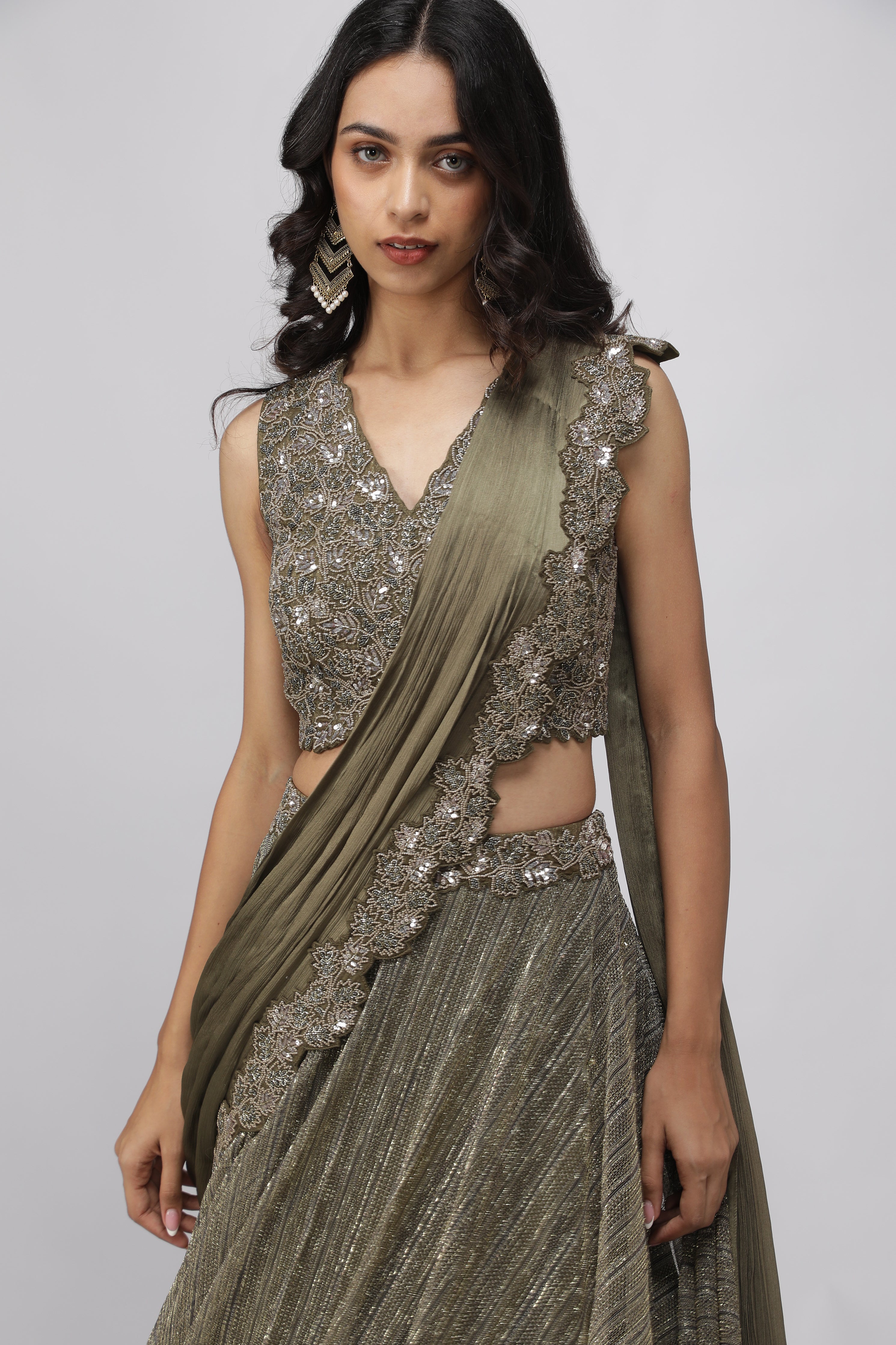 Olive Green Embroidered Lehenga set