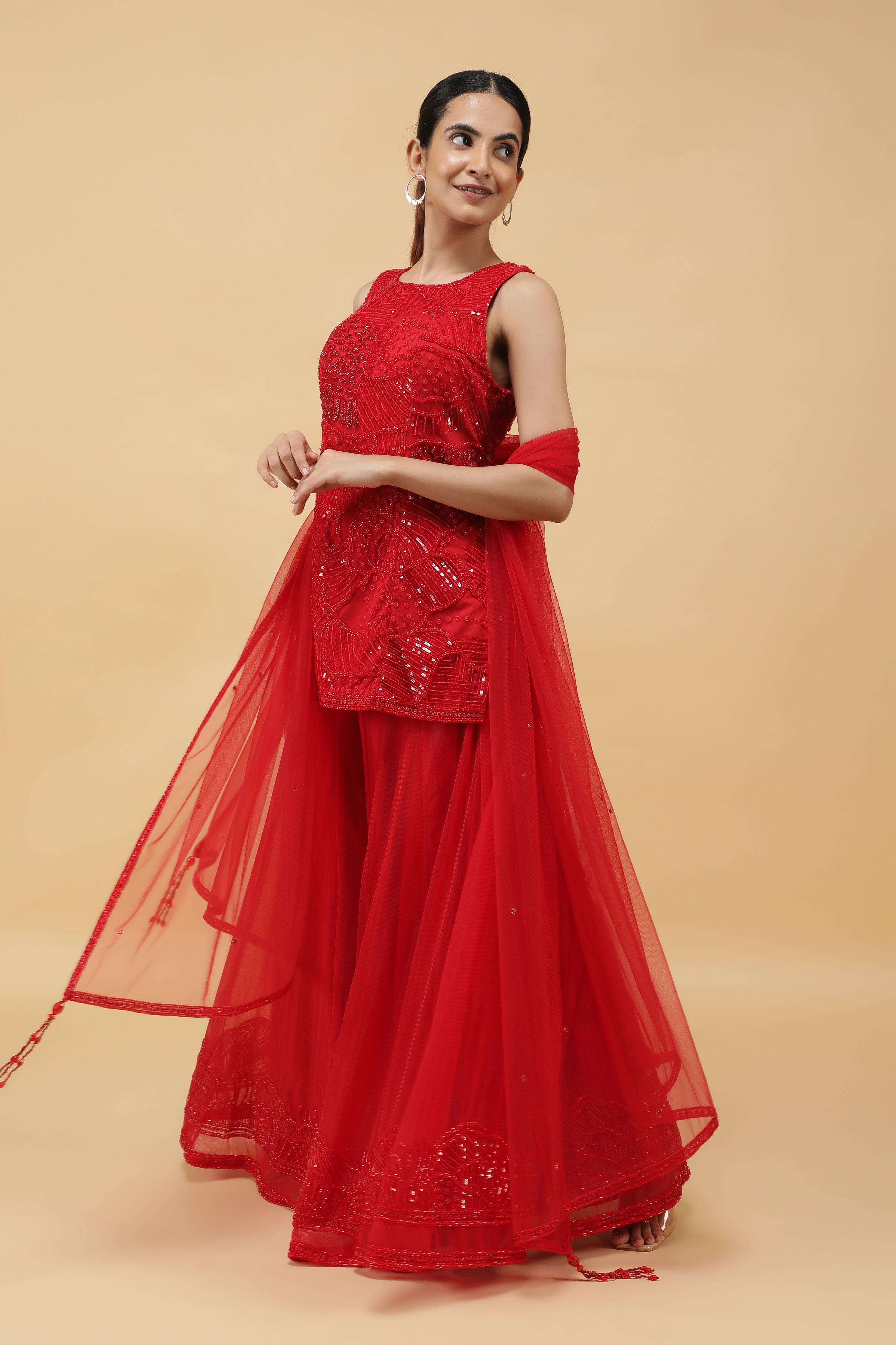 Elegant Red Net Sharara Set with Sequins, Kutdana & Pearl Embroidery