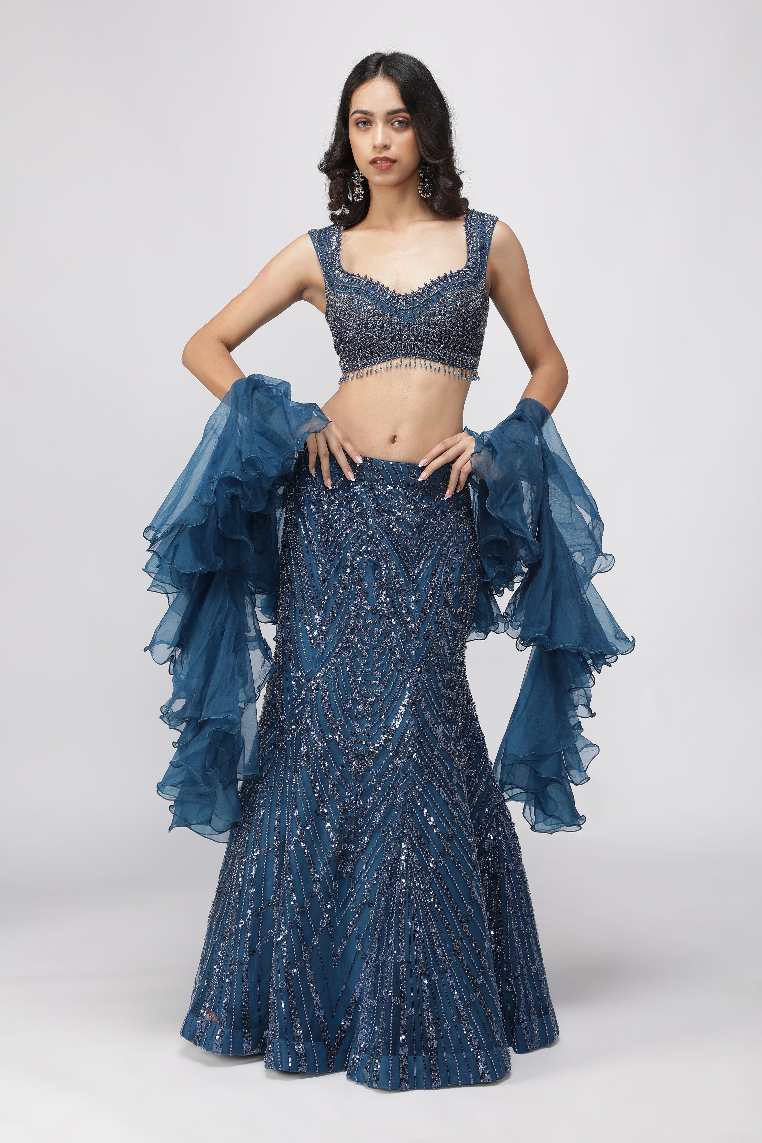 Electric Blue Net Mermaid Cut Lehenga Set