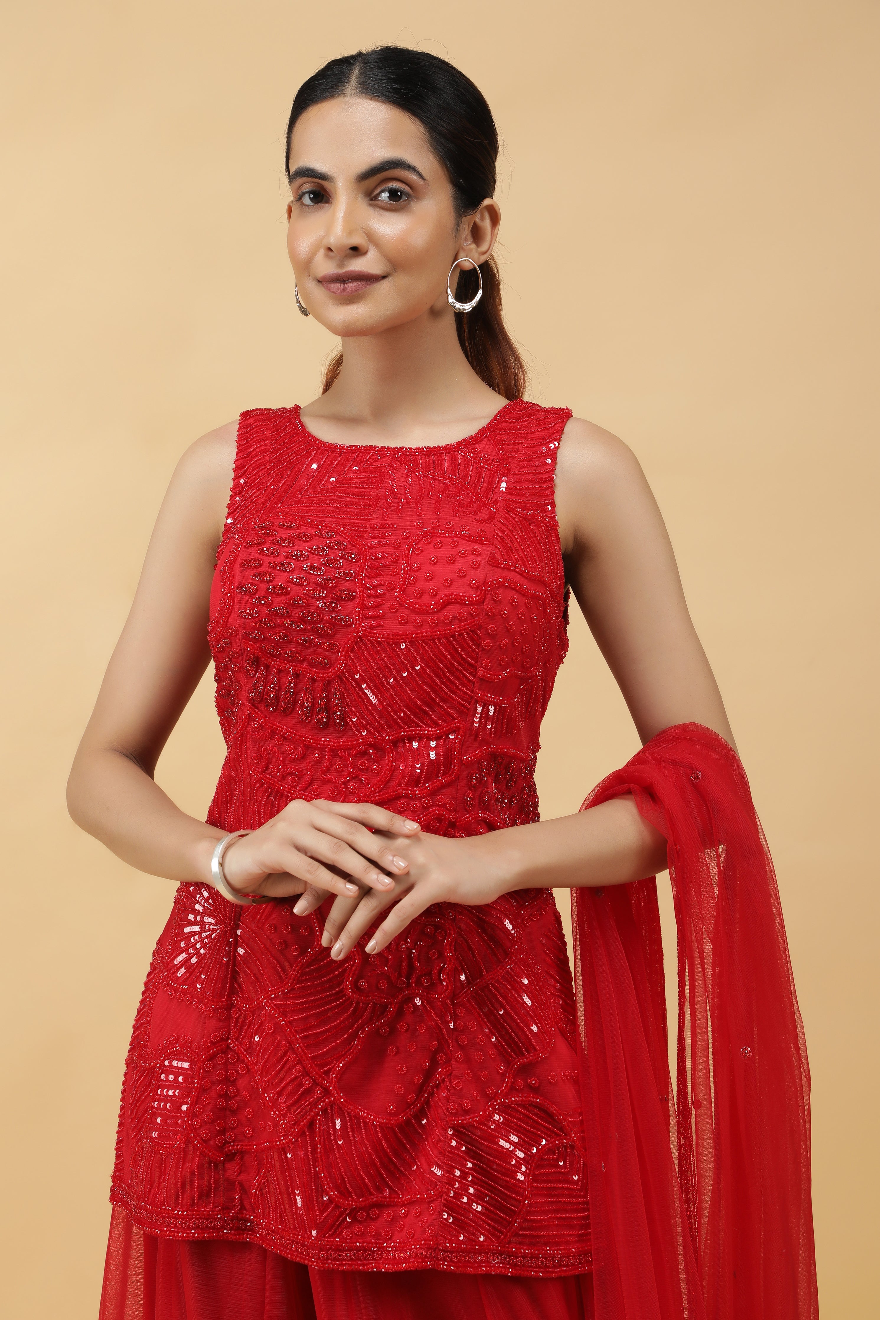 Elegant Red Net Sharara Set with Sequins, Kutdana & Pearl Embroidery