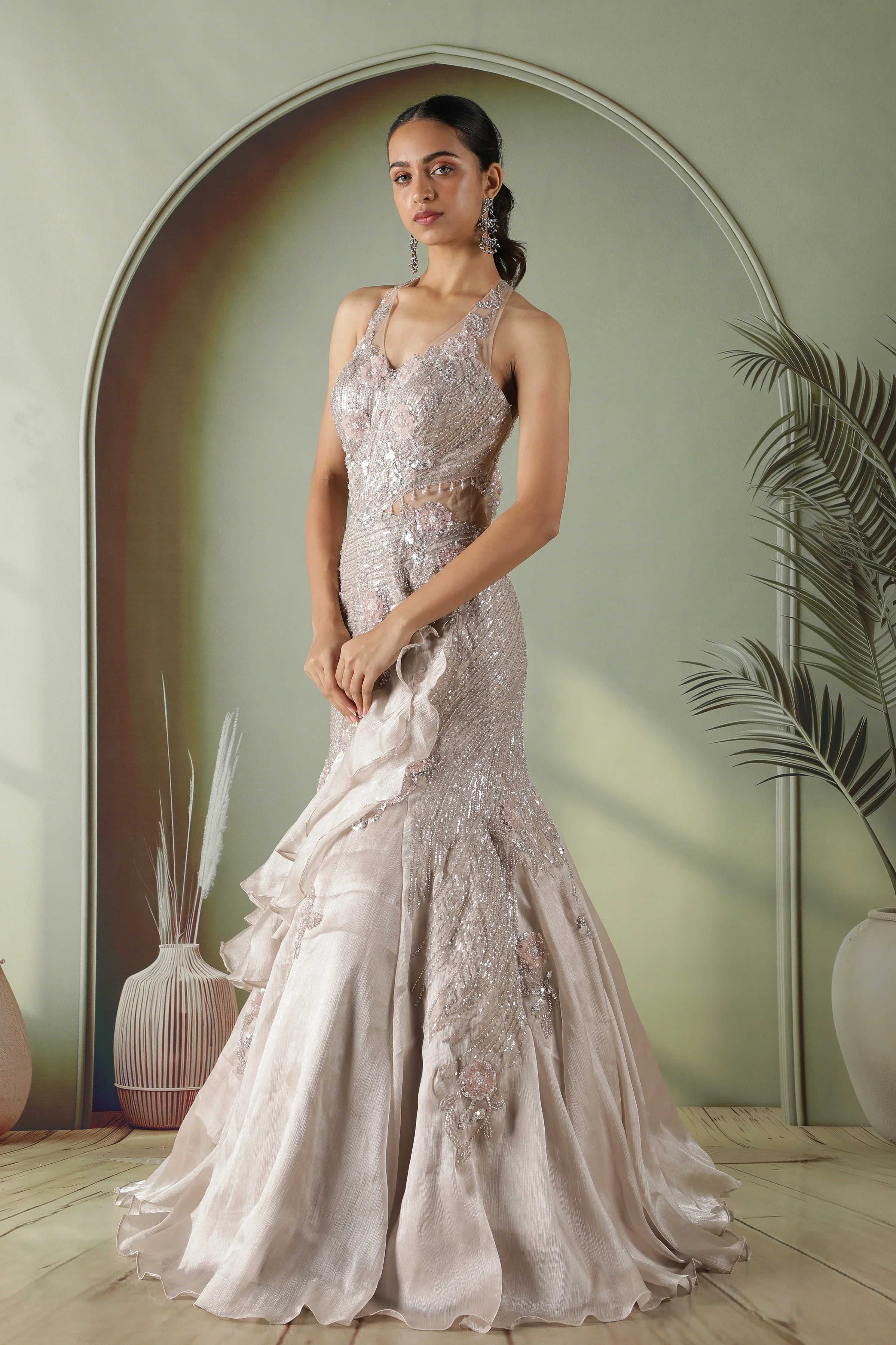 Champagne Grey Crushed Tissue Mermaid Gown with Sequins & Floral Appliqué | Premium Lehenga