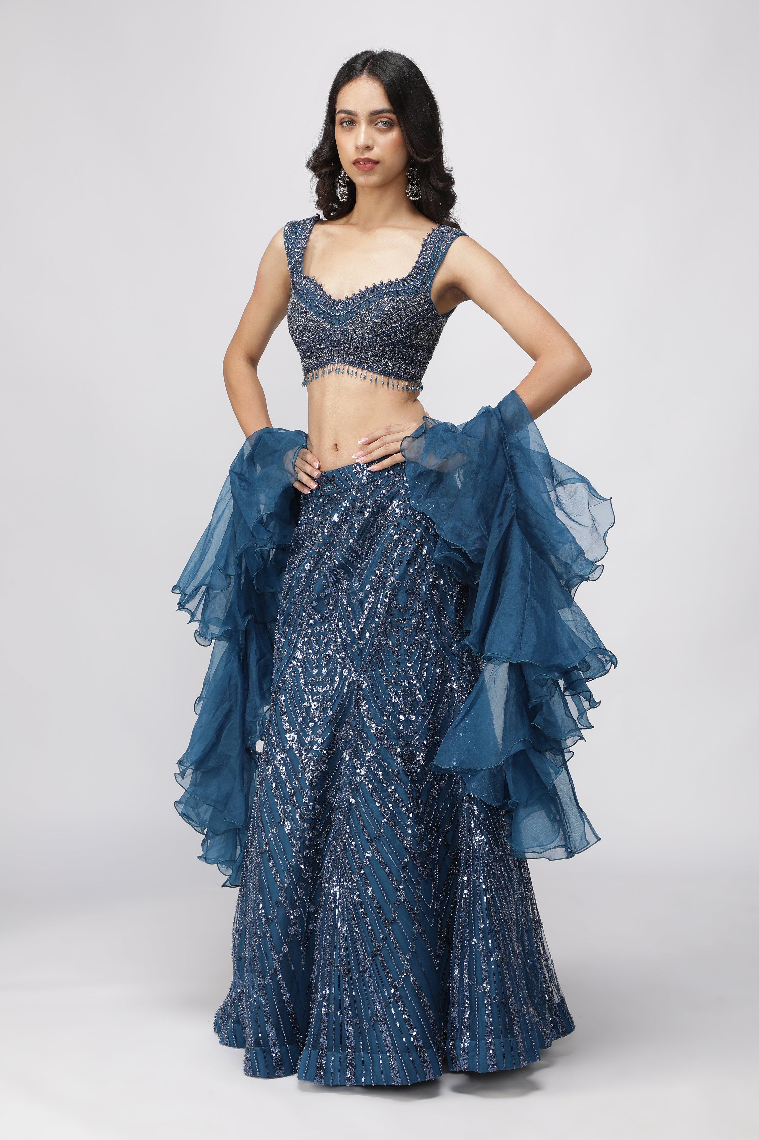 Electric Blue Net Mermaid Cut Lehenga Set