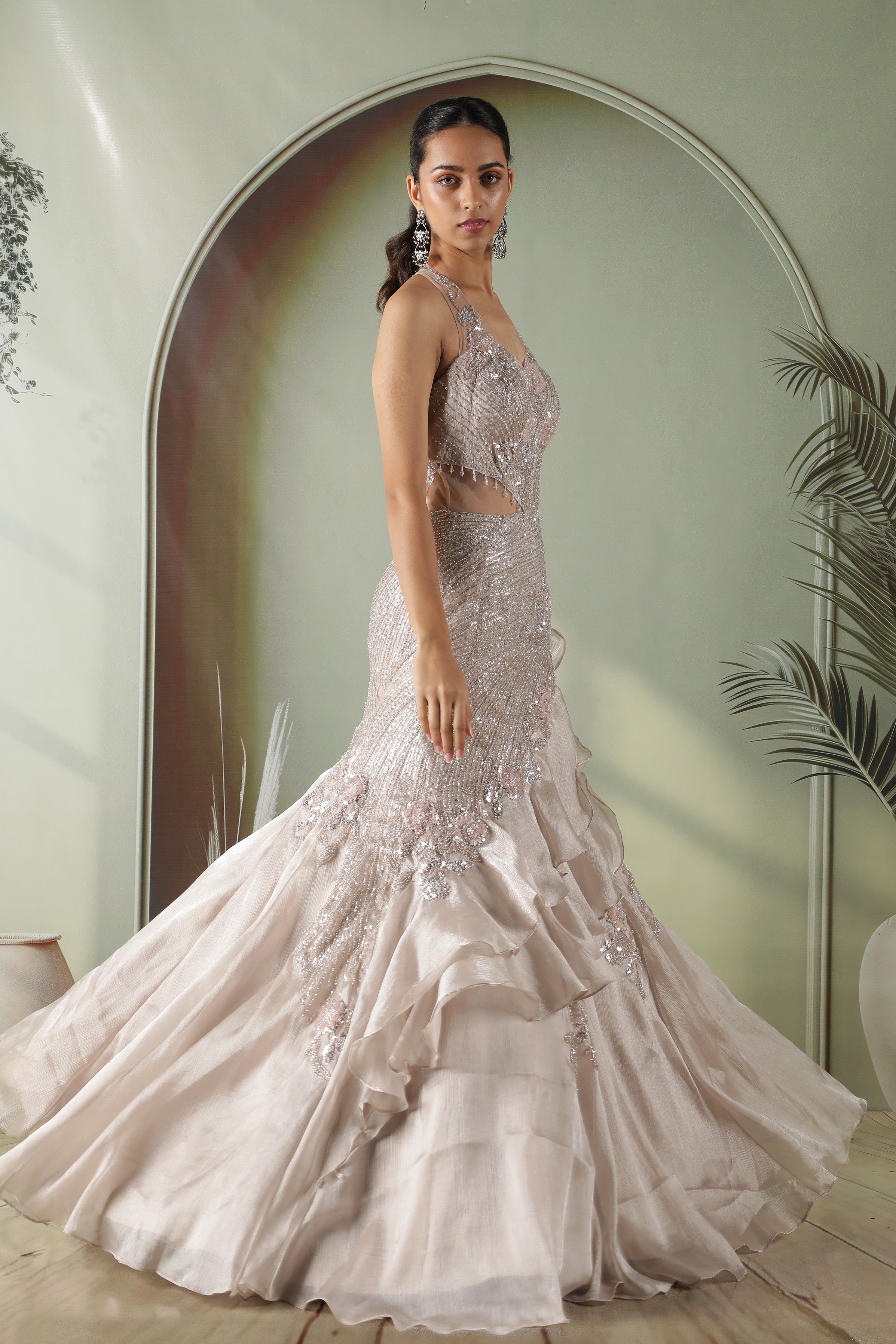 Champagne Grey Crushed Tissue Mermaid Gown with Sequins & Floral Appliqué
